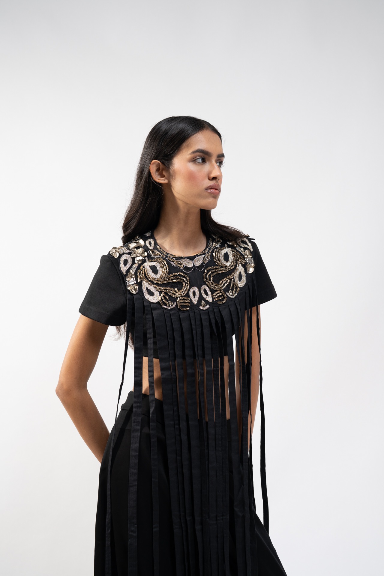 Crop top with Emb Neckline and fringes + Flared Trouser