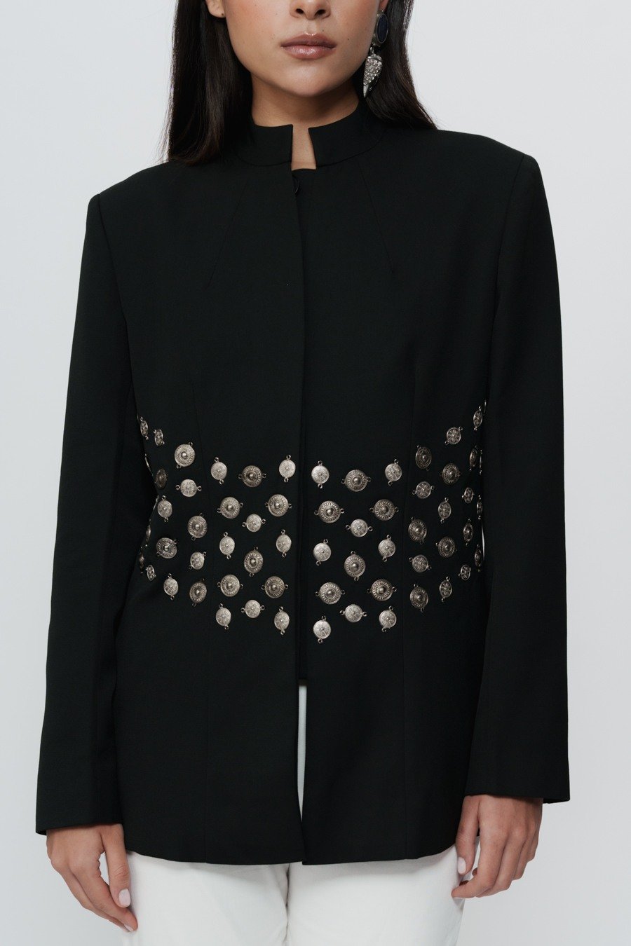Black Bandhgala Jacket With 3D Silver Embroidery & Mirrorwork Churidar