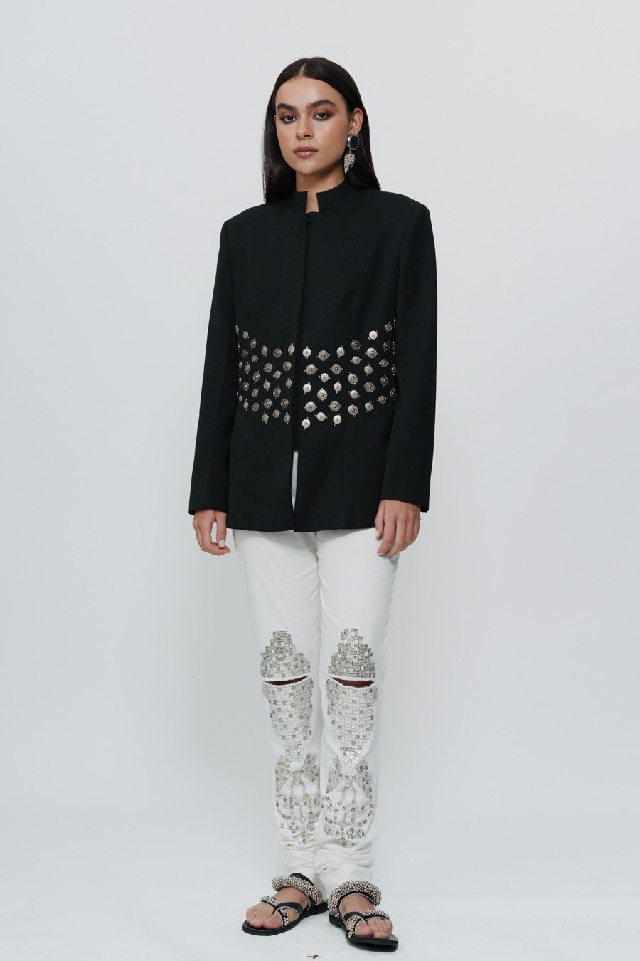 Black Bandhgala Jacket With 3D Silver Embroidery & Mirrorwork Churidar