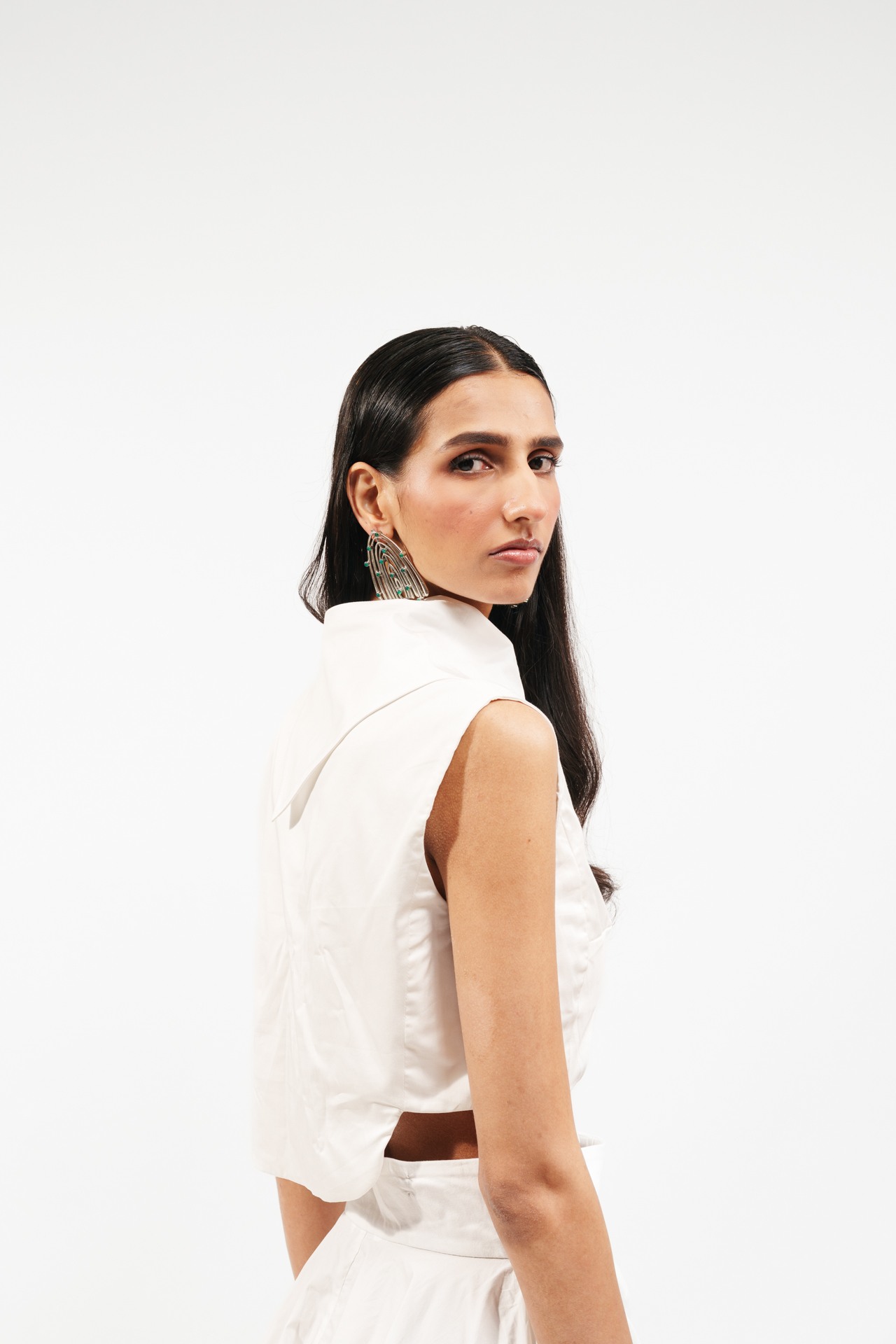 High Collar Yoke Top with Flared Trouser