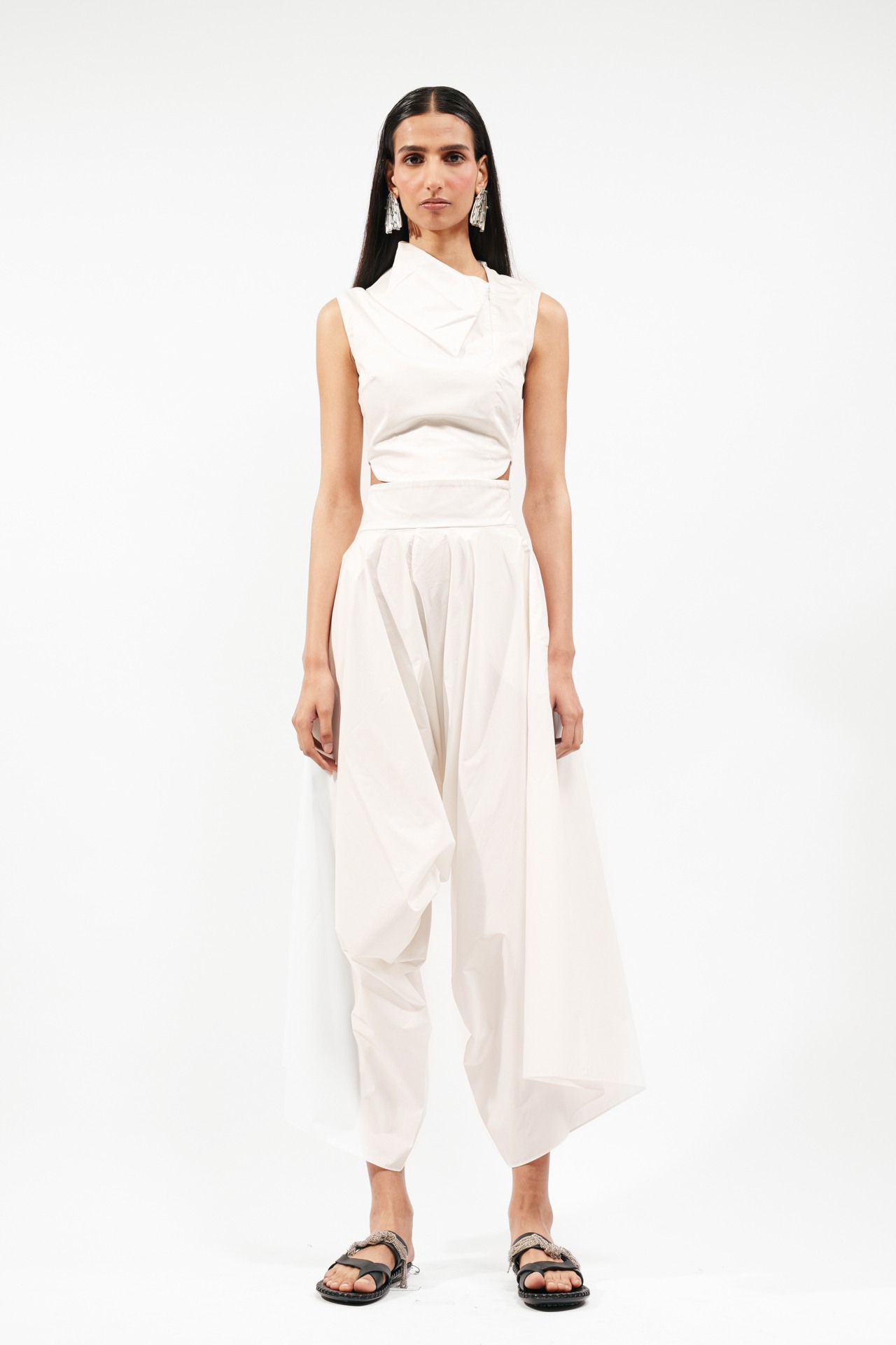 High Collar Yoke Top with Flared Trouser