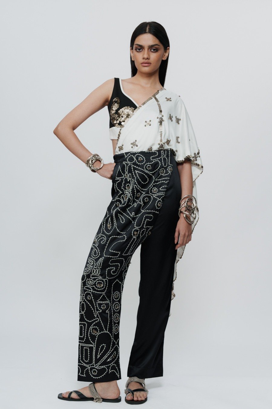 Hand Embroidered Shawl With Appliqué Pants & Bralette