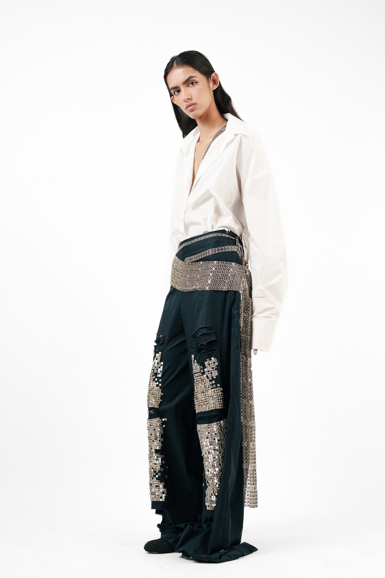 Shredded Denim Straight Pants