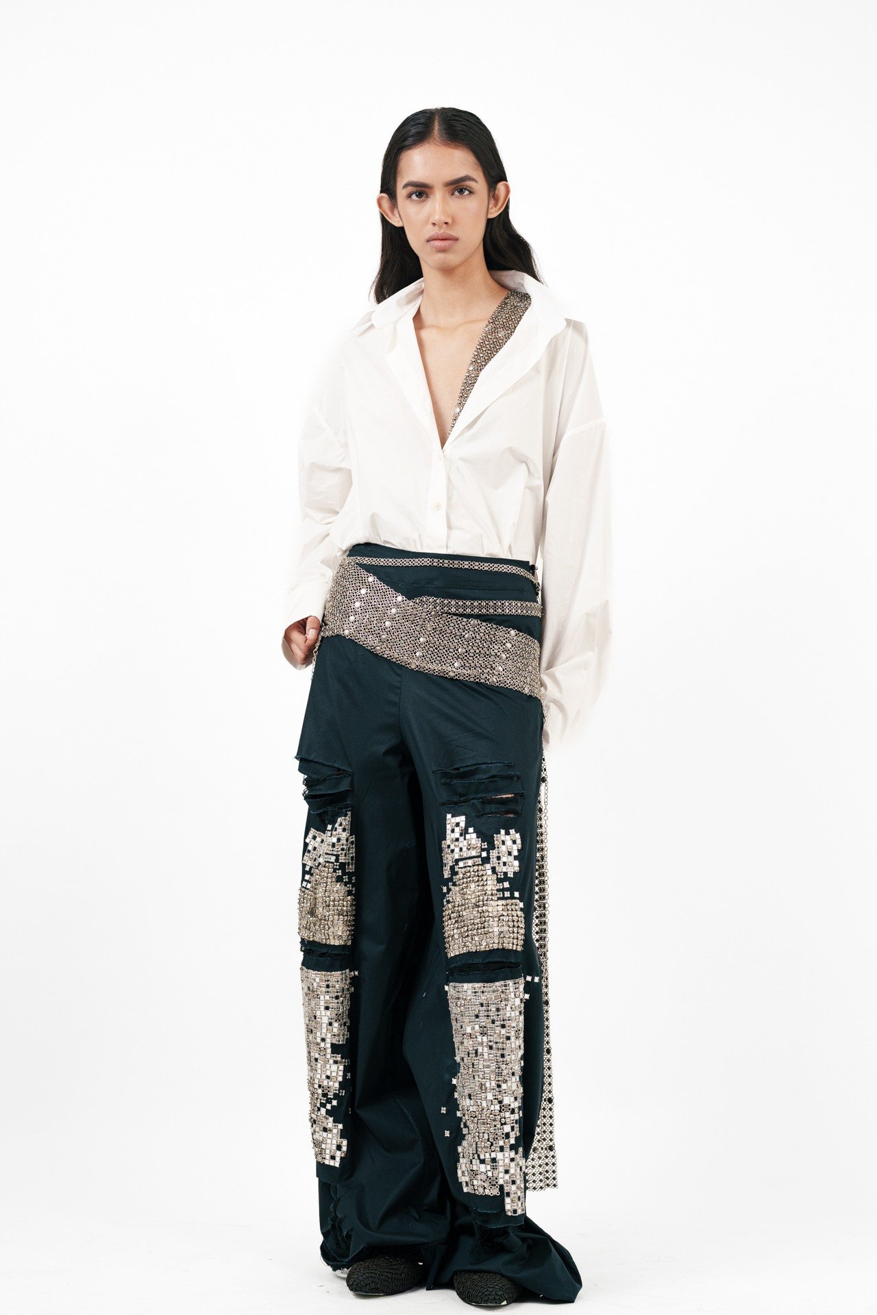 Shredded Denim Straight Pants