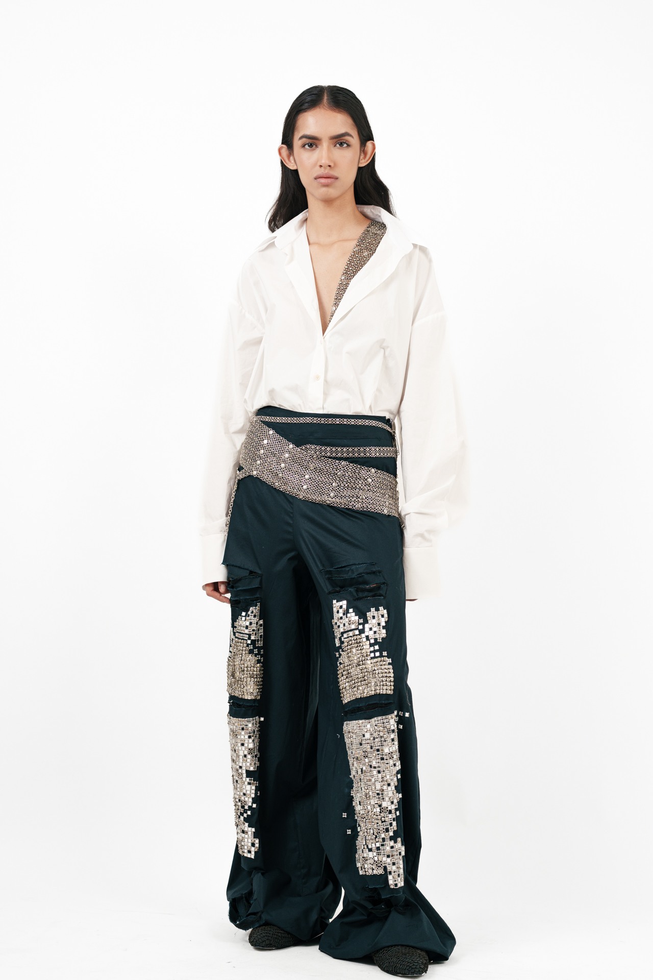 Shredded Denim Straight Pants