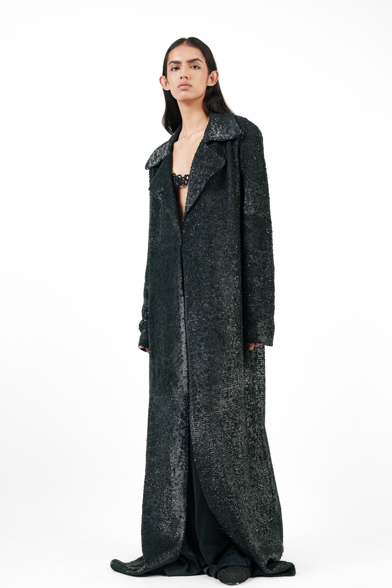 Long Black Jacket with Leather Stacking with Cord Bra Top and Silk Broad Trouser