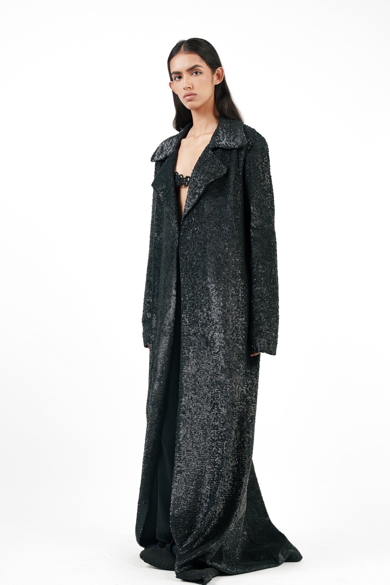 Long Black Jacket with Leather Stacking with Cord Bra Top and Silk Broad Trouser