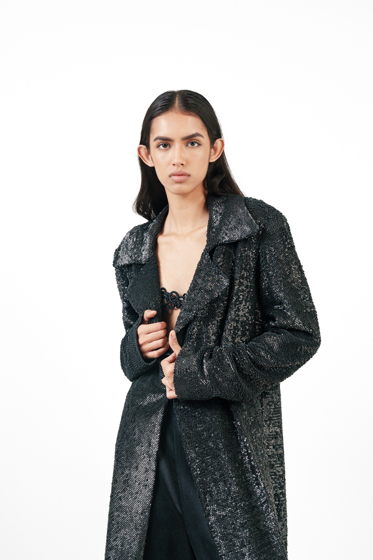 Long Black Jacket with Leather Stacking with Cord Bra Top and Silk Broad Trouser