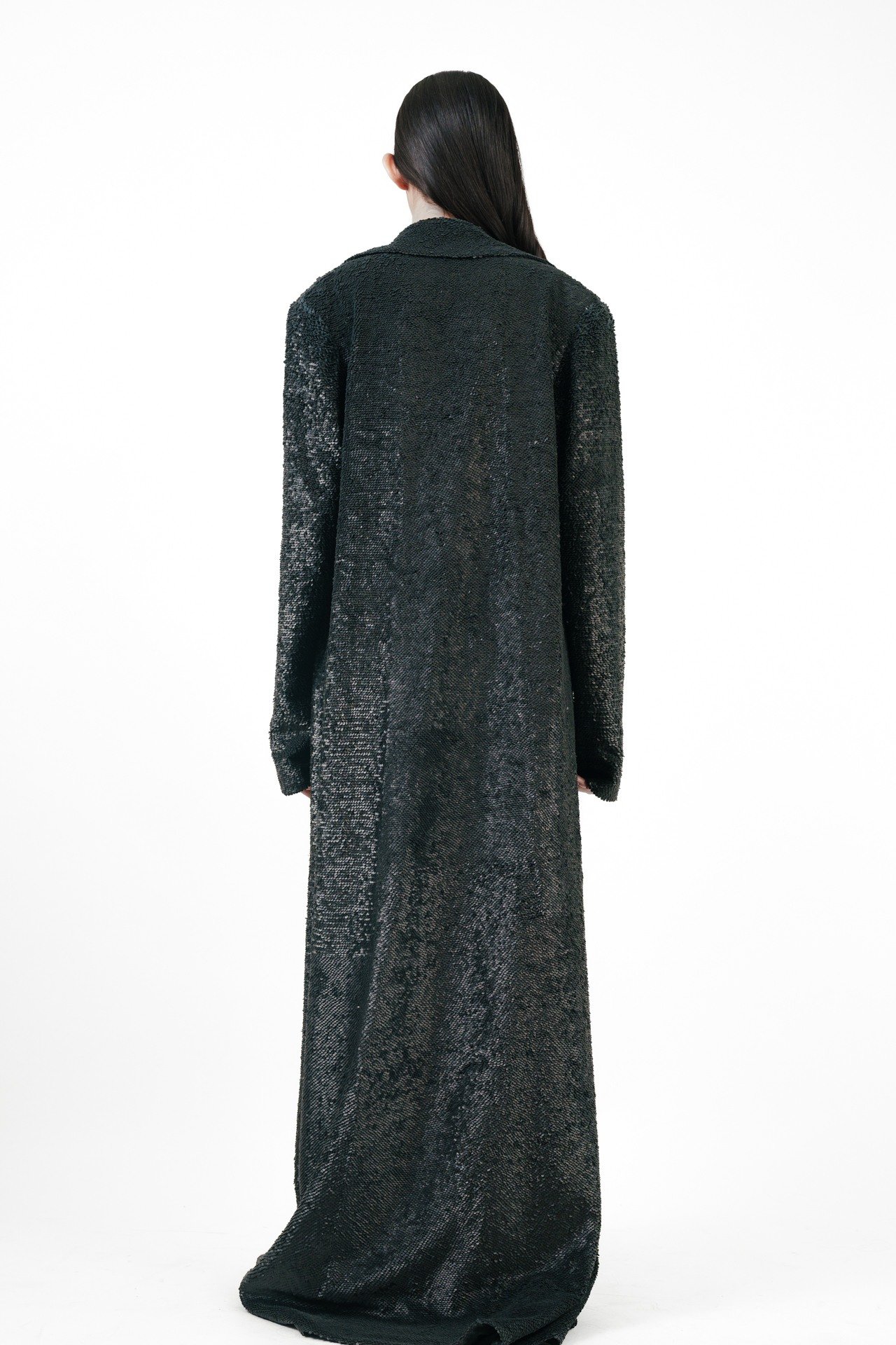 Long Black Jacket with Leather Stacking with Cord Bra Top and Silk Broad Trouser