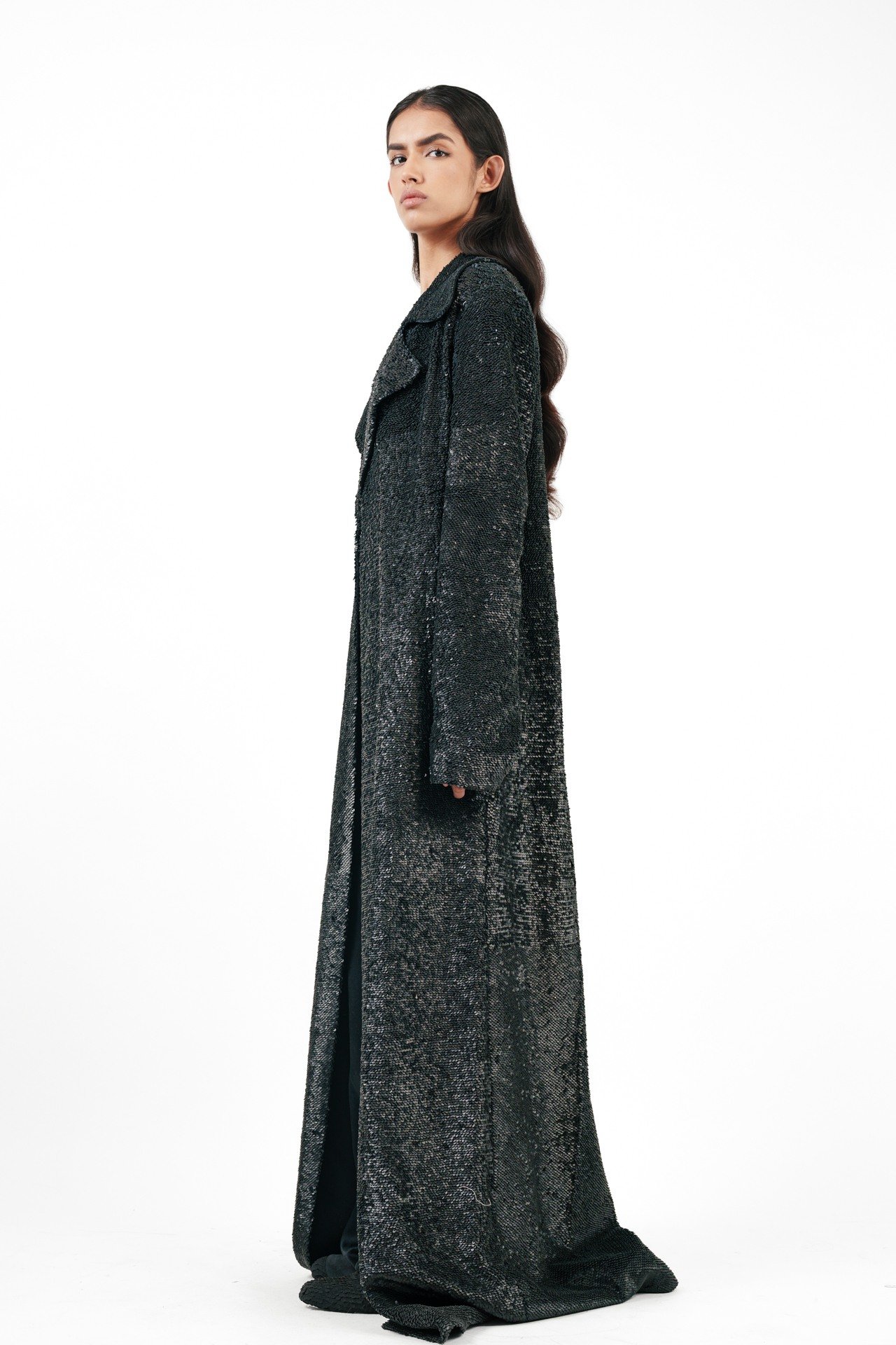 Long Black Jacket with Leather Stacking with Cord Bra Top and Silk Broad Trouser