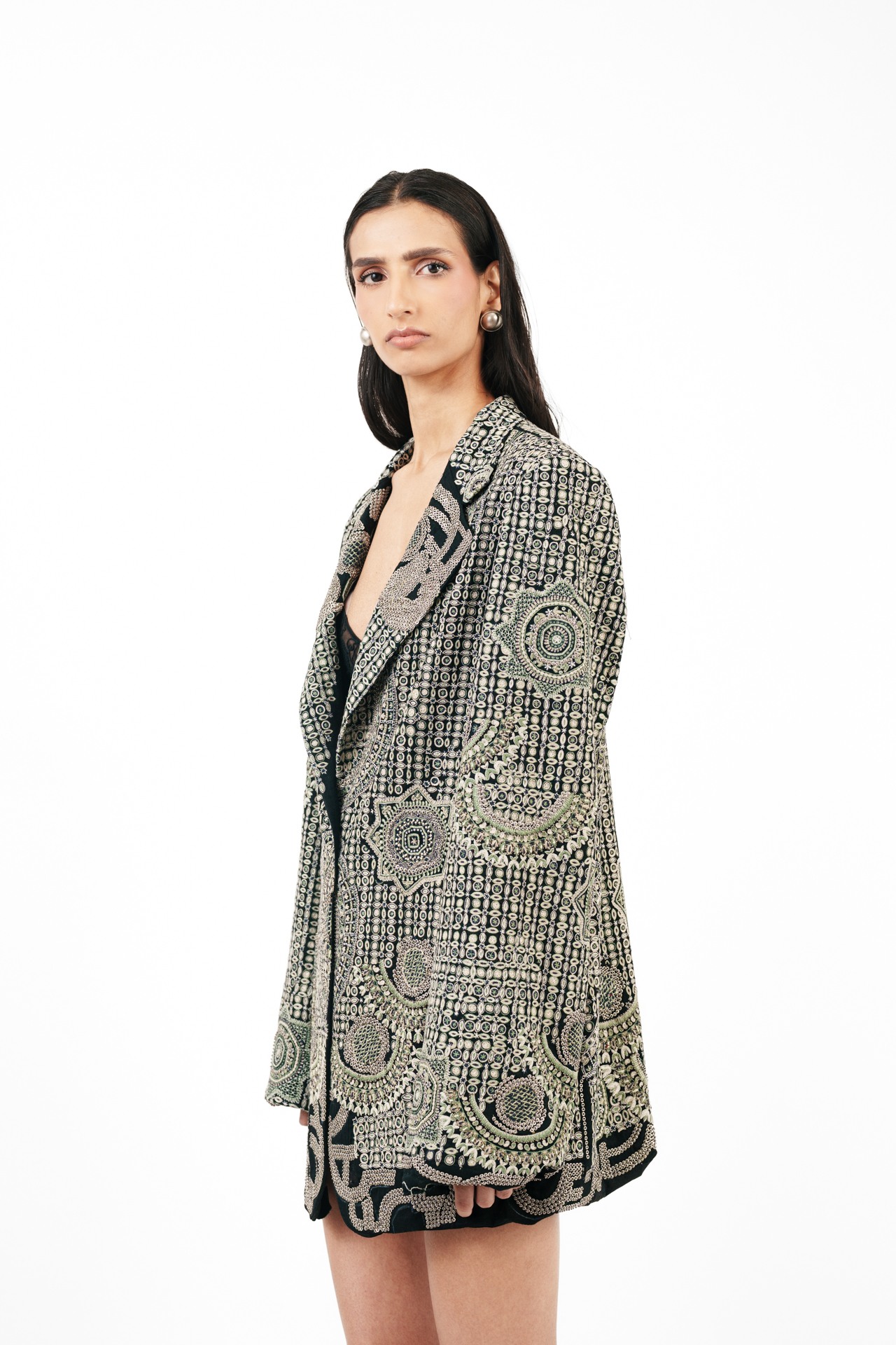 Tribal Embroidered Blazer with Silver Ring Detail