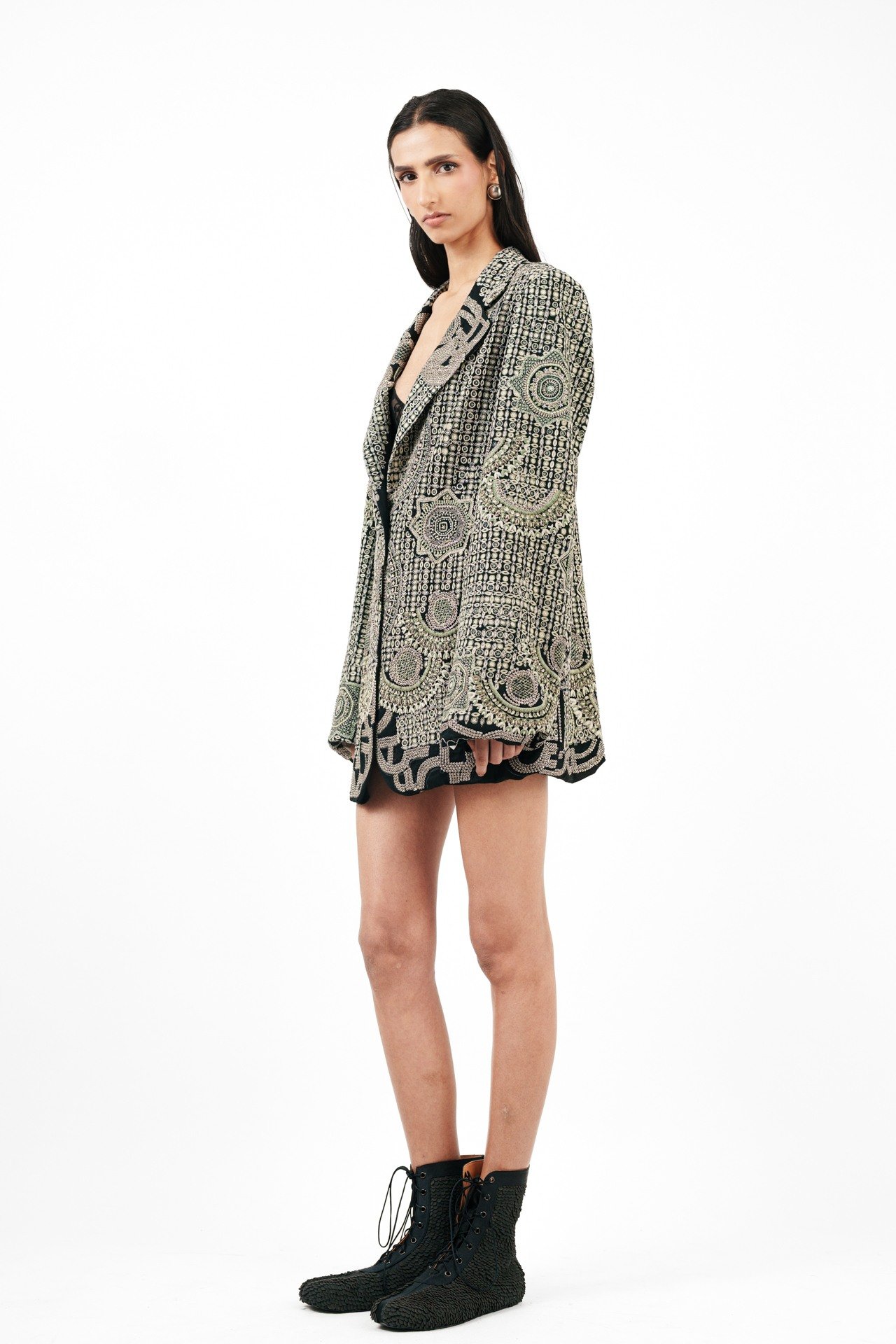Tribal Embroidered Blazer with Silver Ring Detail