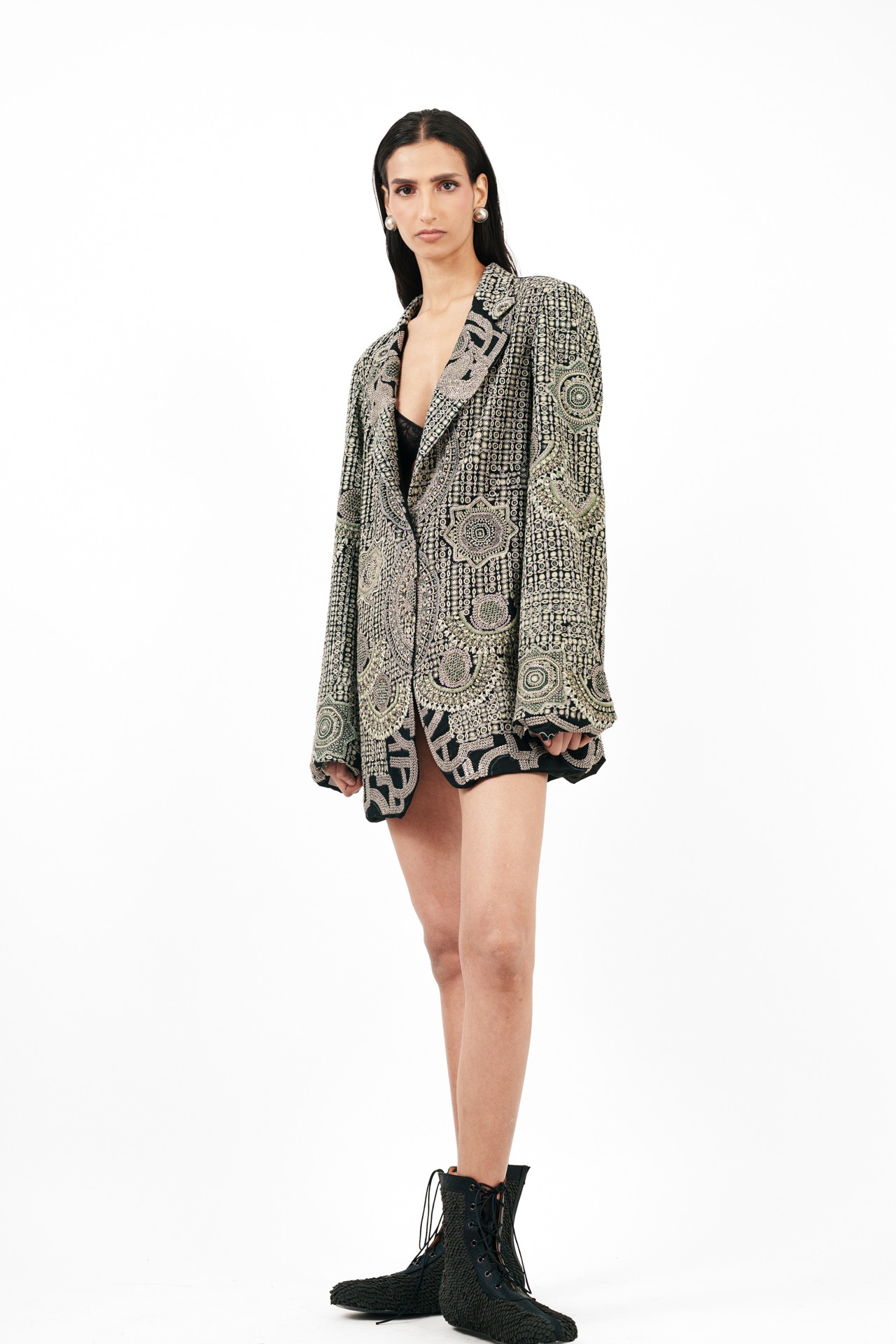 Tribal Embroidered Blazer with Silver Ring Detail