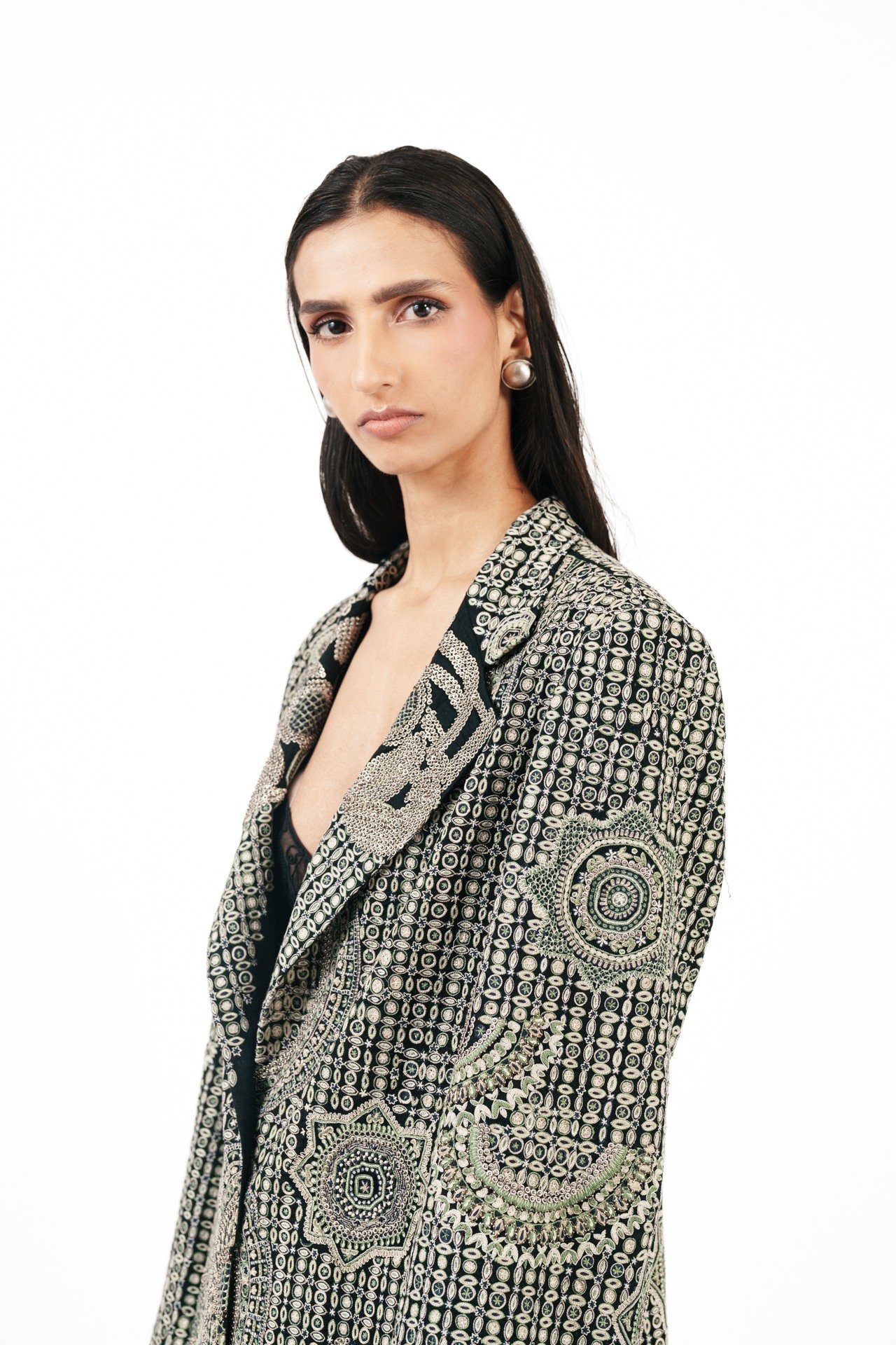Tribal Embroidered Blazer with Silver Ring Detail
