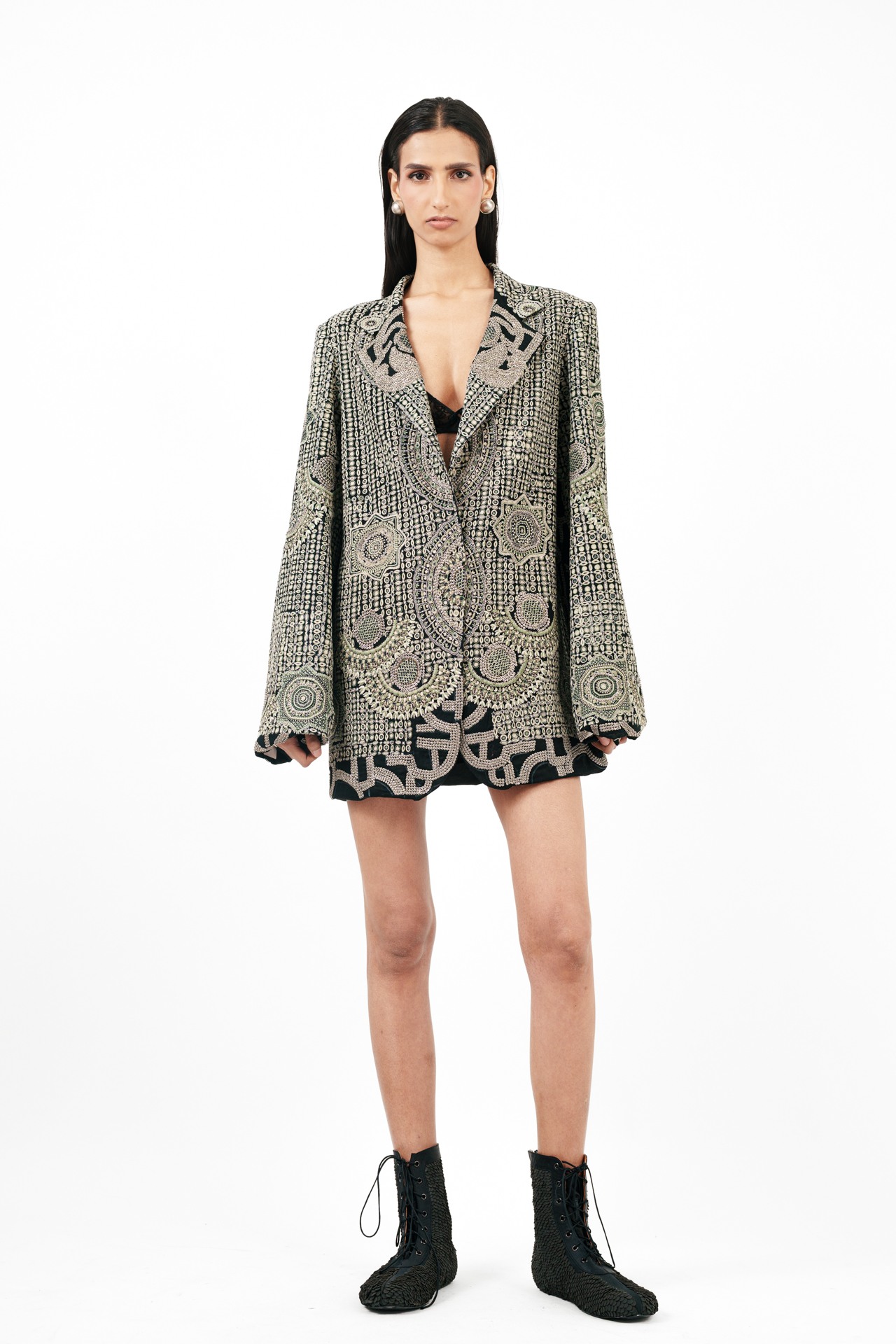 Tribal Embroidered Blazer with Silver Ring Detail