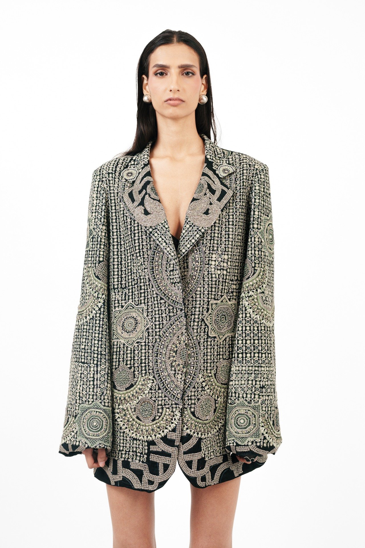 Tribal Embroidered Blazer with Silver Ring Detail