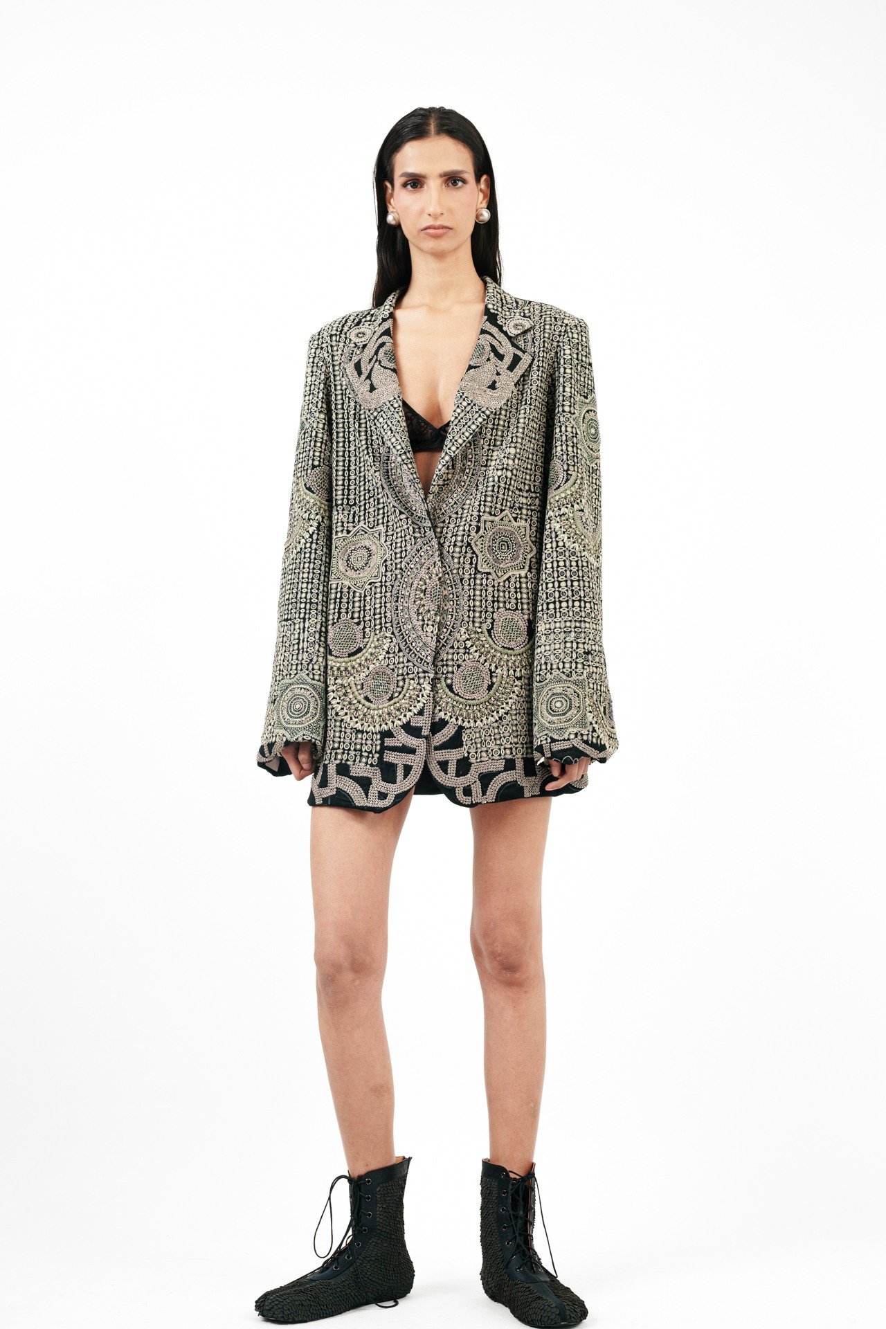 Tribal Embroidered Blazer with Silver Ring Detail