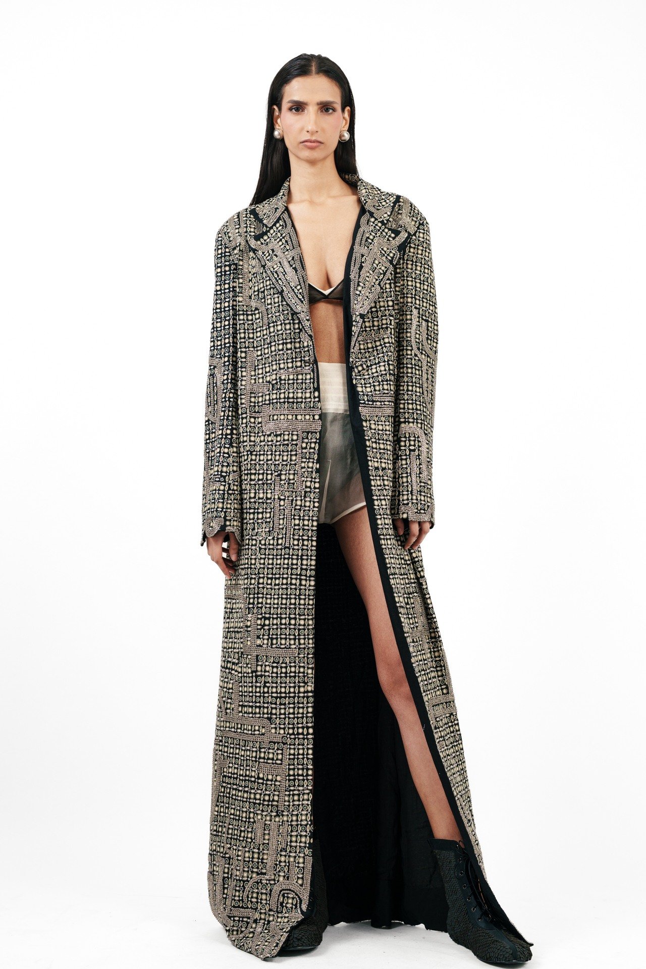 Tribal Embroidered Long Coat with Silver Ring Detail