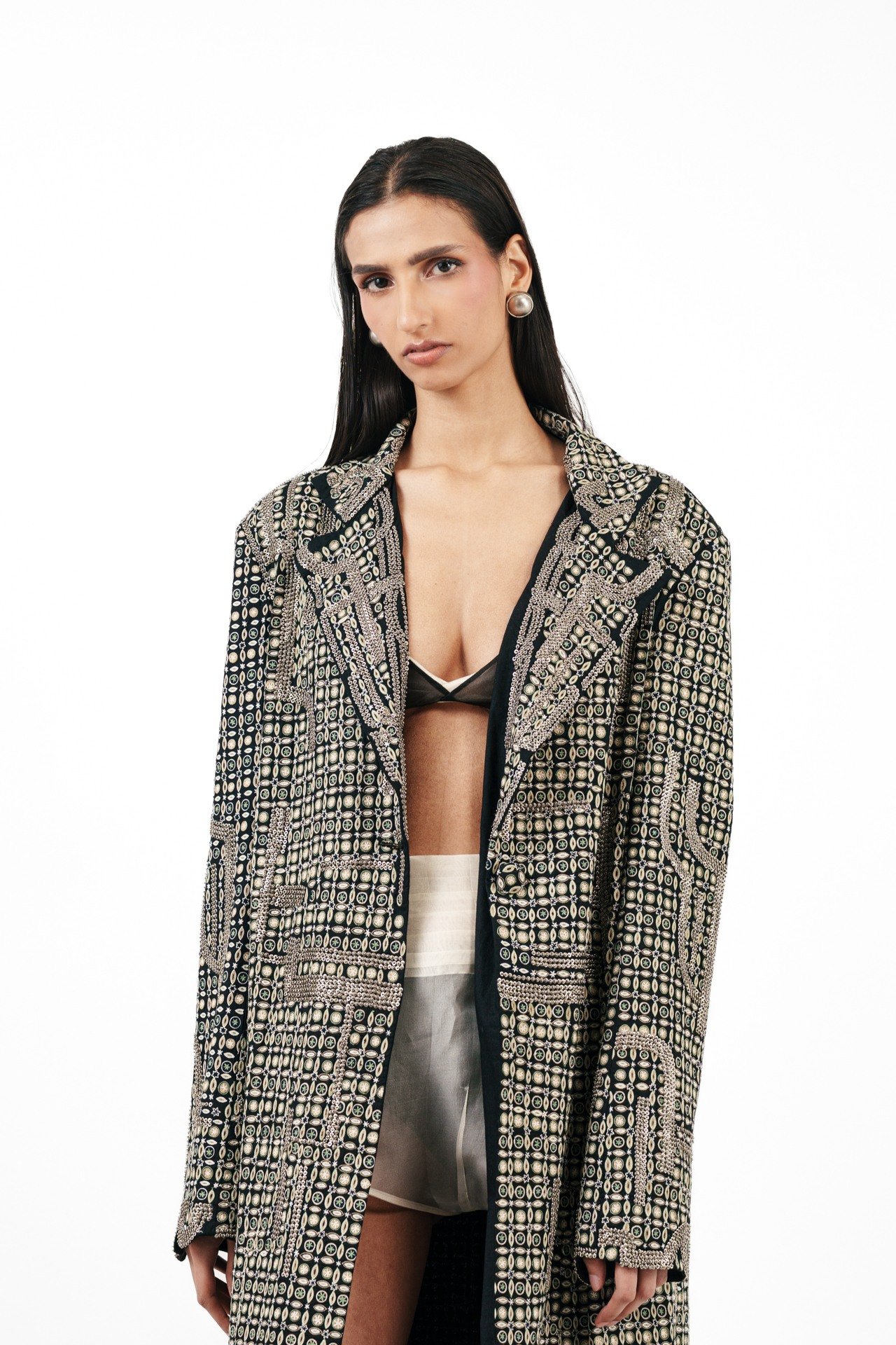 Tribal Embroidered Long Coat with Silver Ring Detail