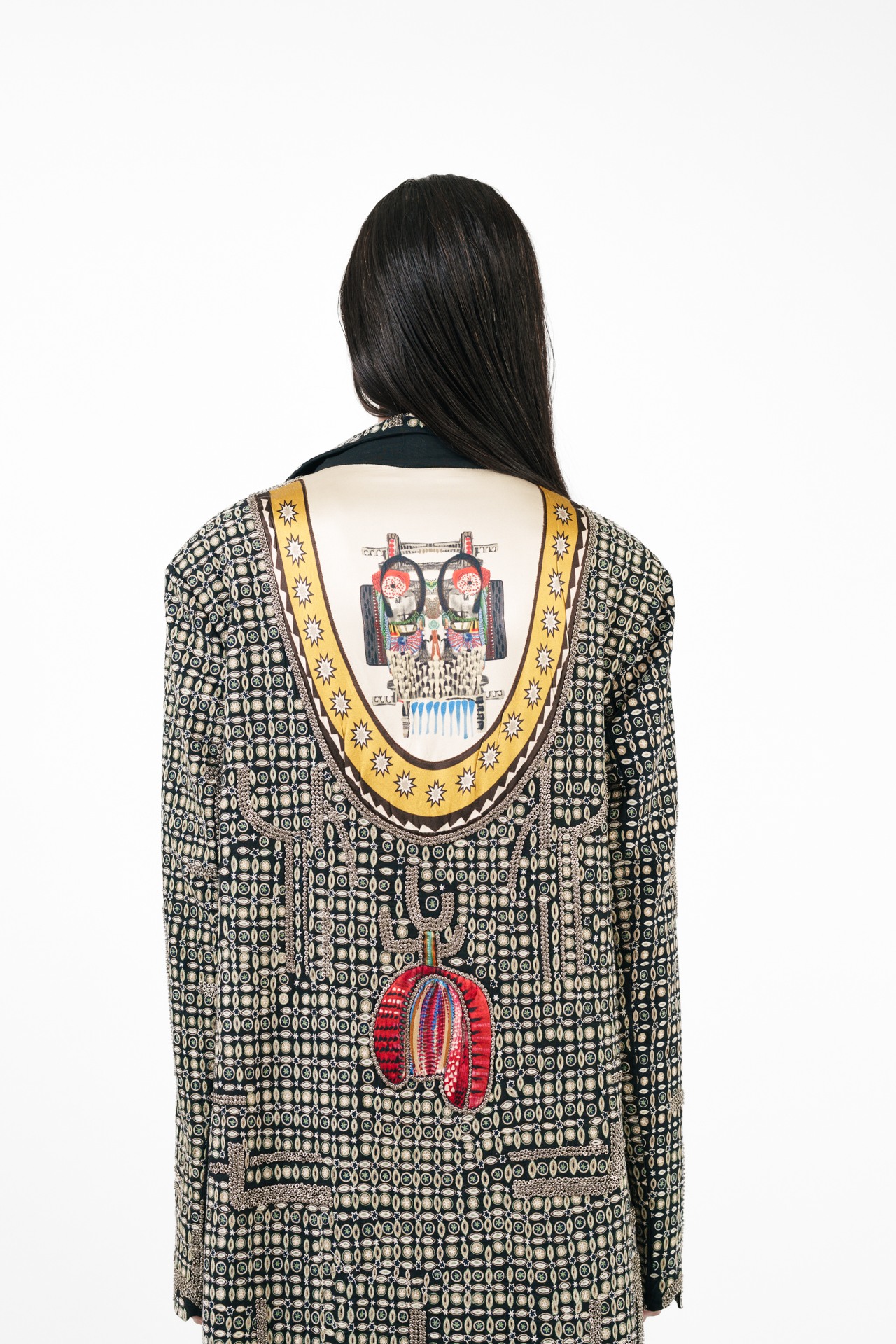 Tribal Embroidered Long Coat with Silver Ring Detail
