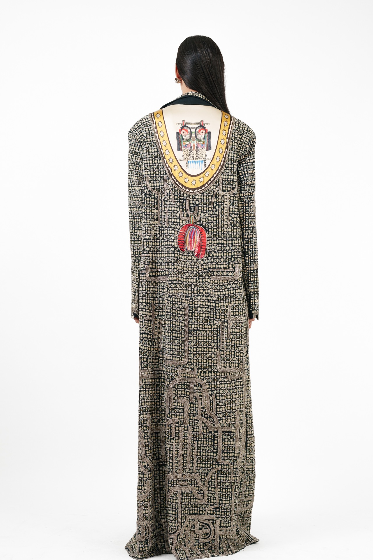 Tribal Embroidered Long Coat with Silver Ring Detail