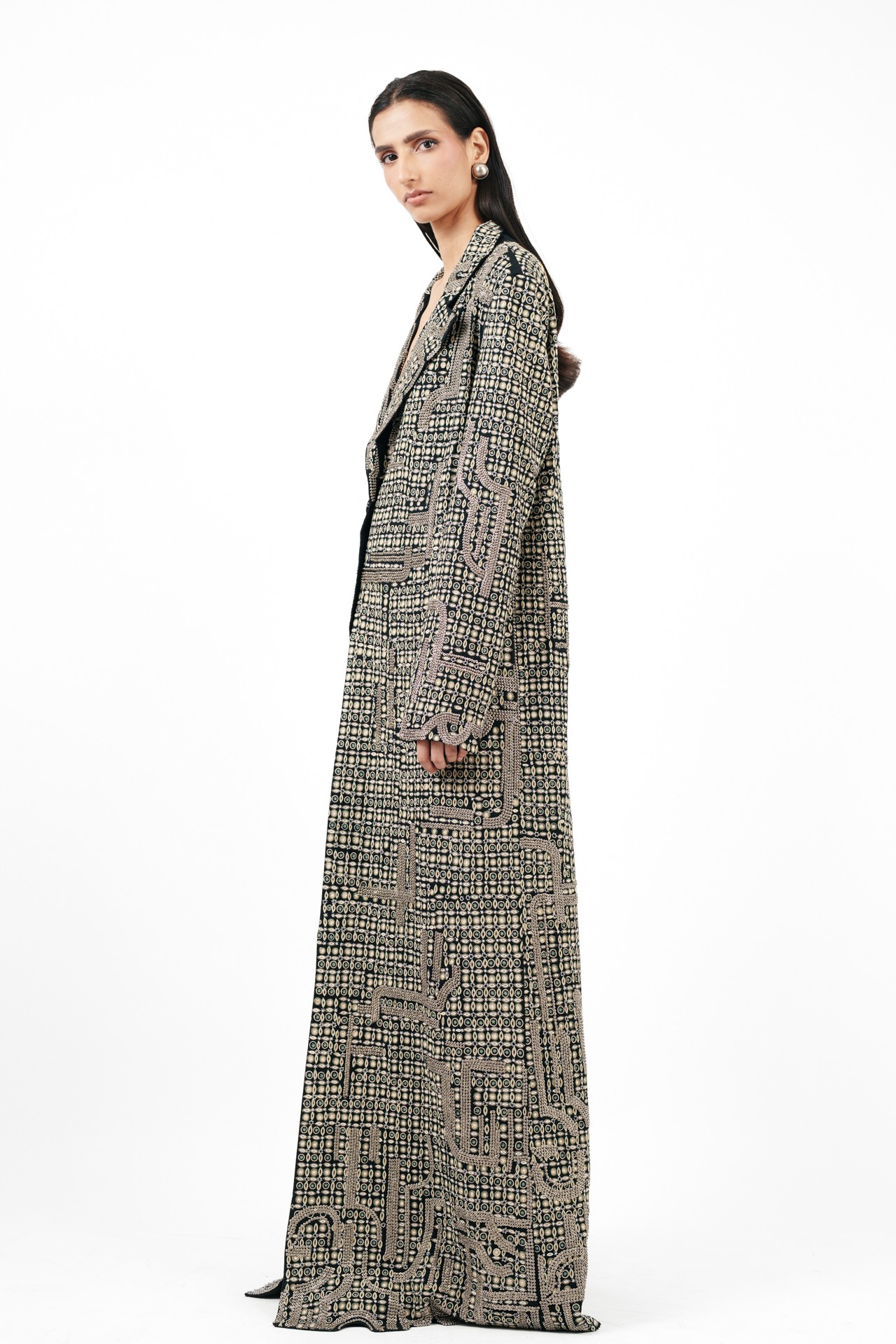 Tribal Embroidered Long Coat with Silver Ring Detail