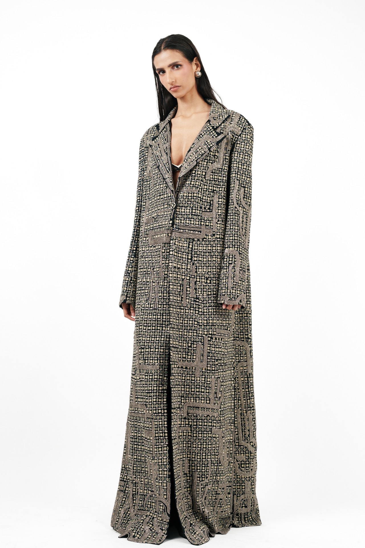 Tribal Embroidered Long Coat with Silver Ring Detail
