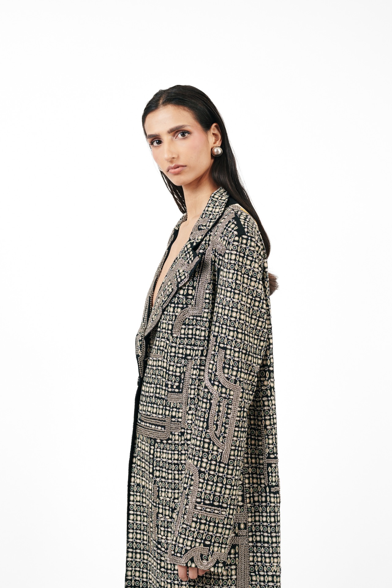 Tribal Embroidered Long Coat with Silver Ring Detail