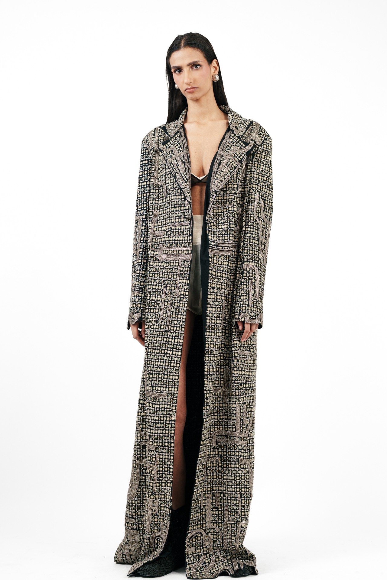Tribal Embroidered Long Coat with Silver Ring Detail