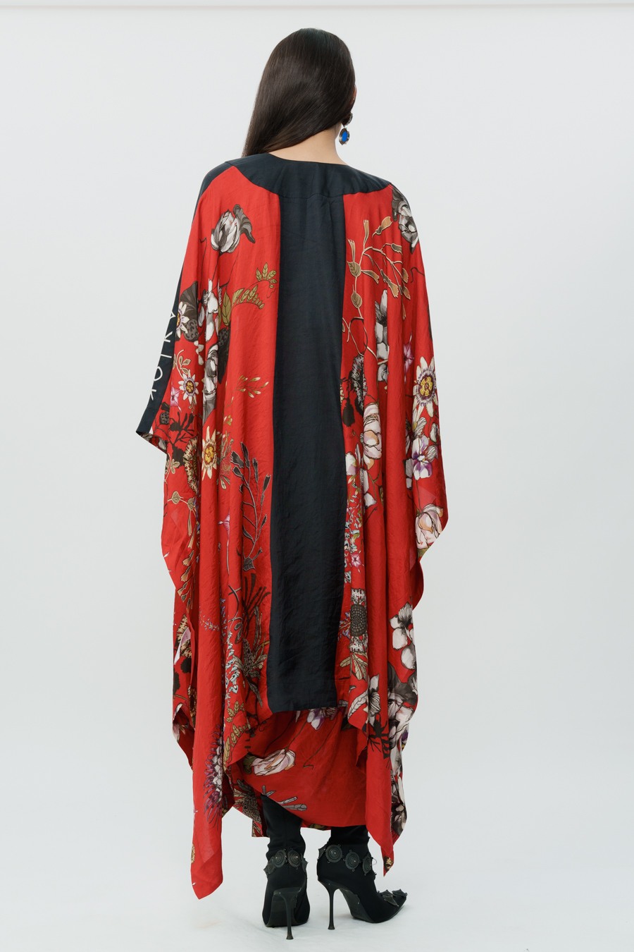 Red Floral Long Cape With Crop Top & Lungi Skirt