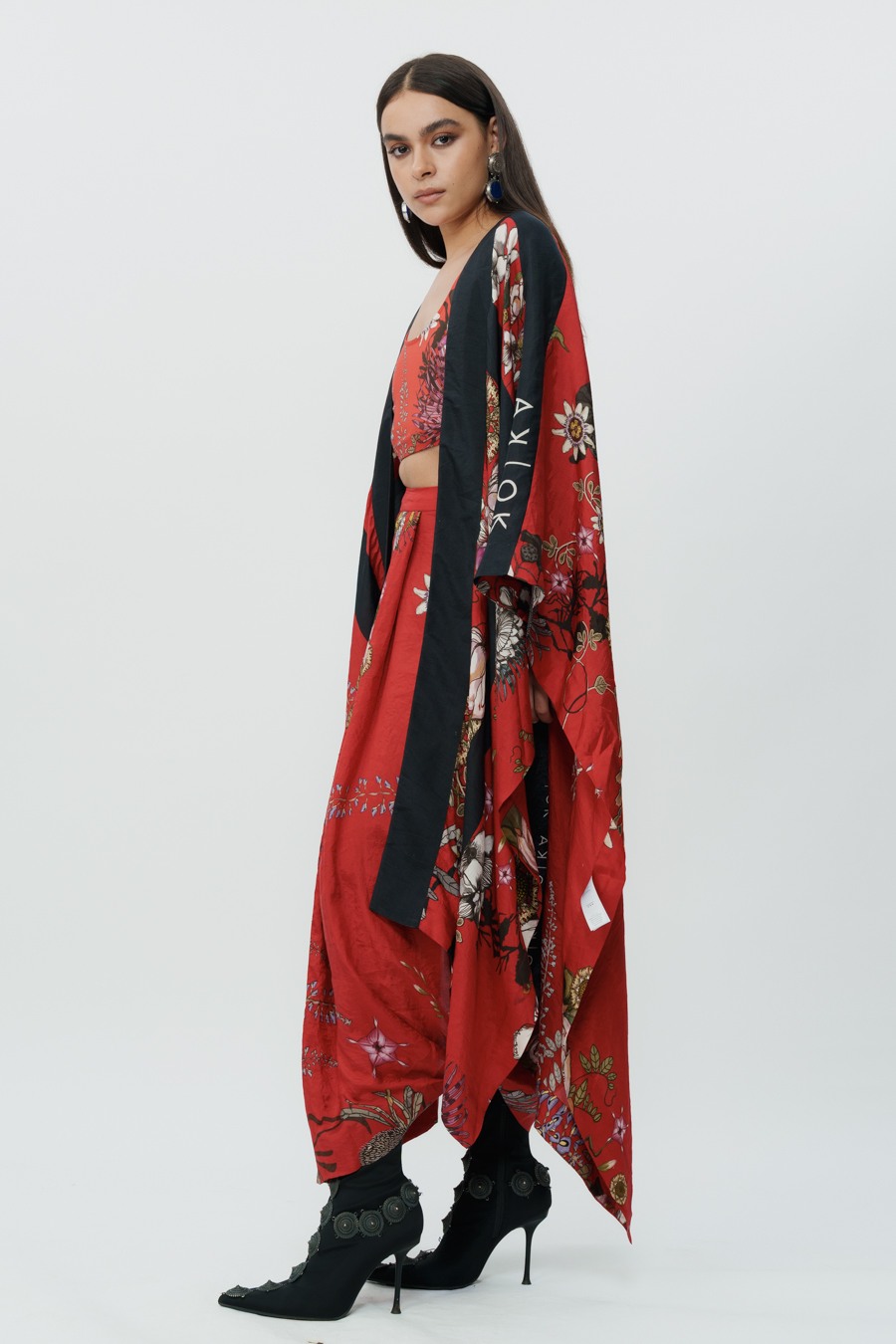 Red Floral Long Cape With Crop Top & Lungi Skirt