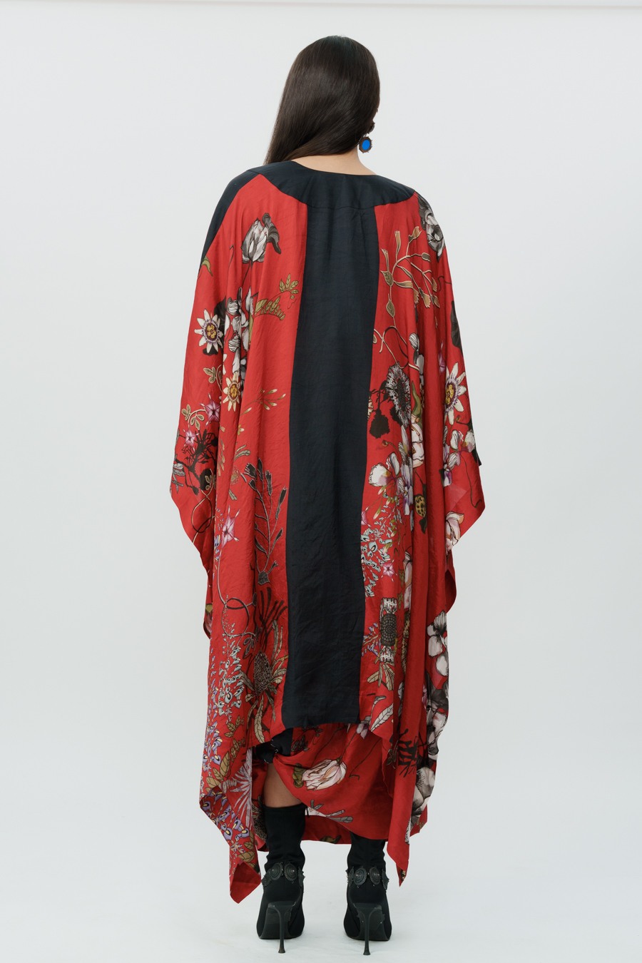 Red Floral Long Cape With Crop Top & Lungi Skirt
