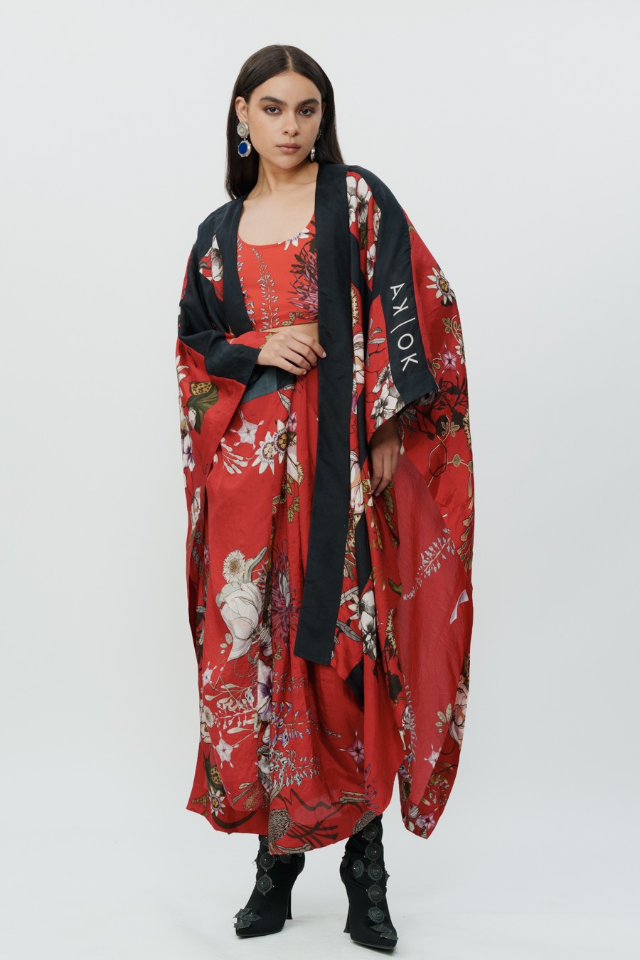 Red Floral Long Cape With Crop Top & Lungi Skirt