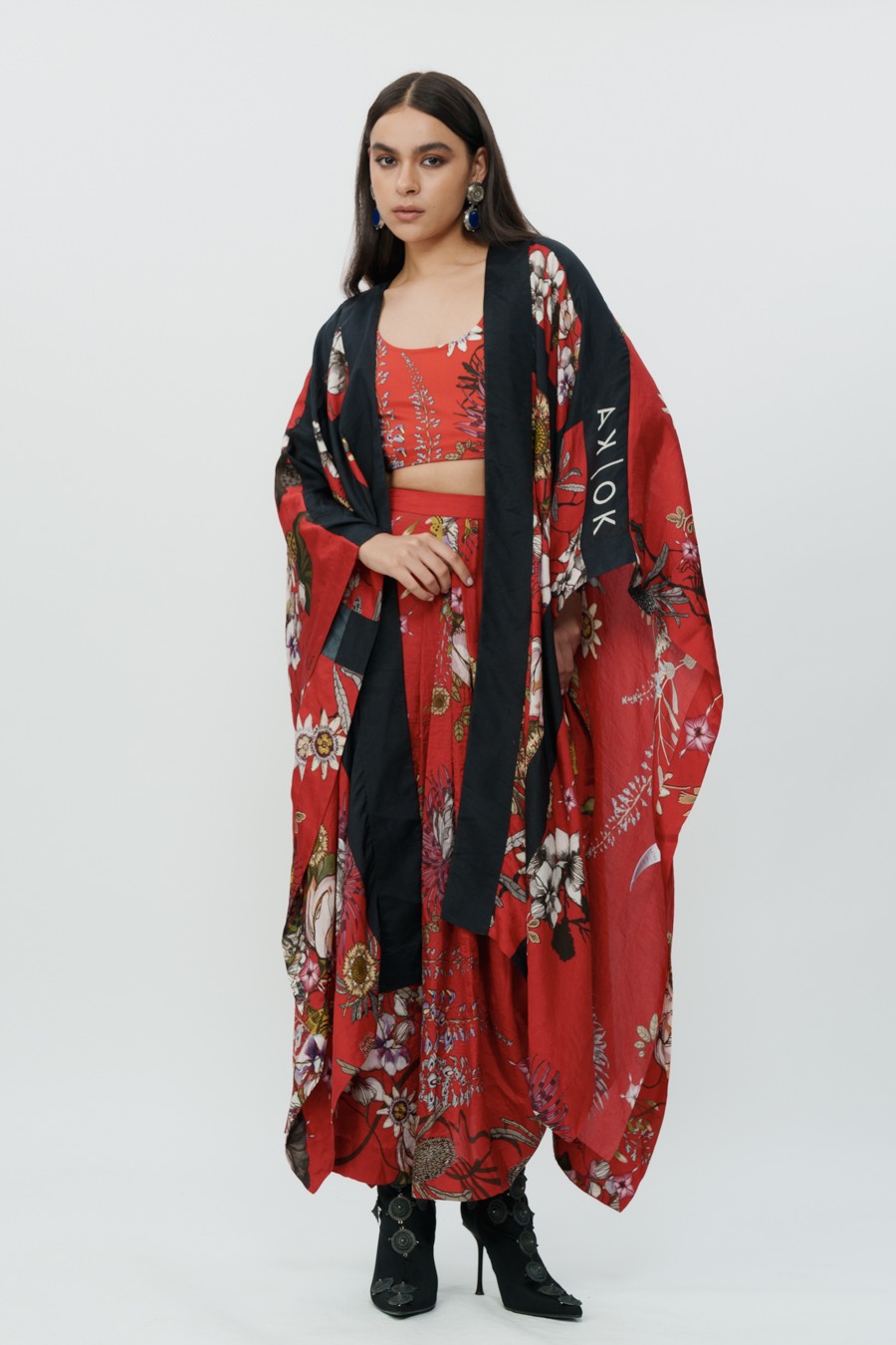 Red Floral Long Cape With Crop Top & Lungi Skirt