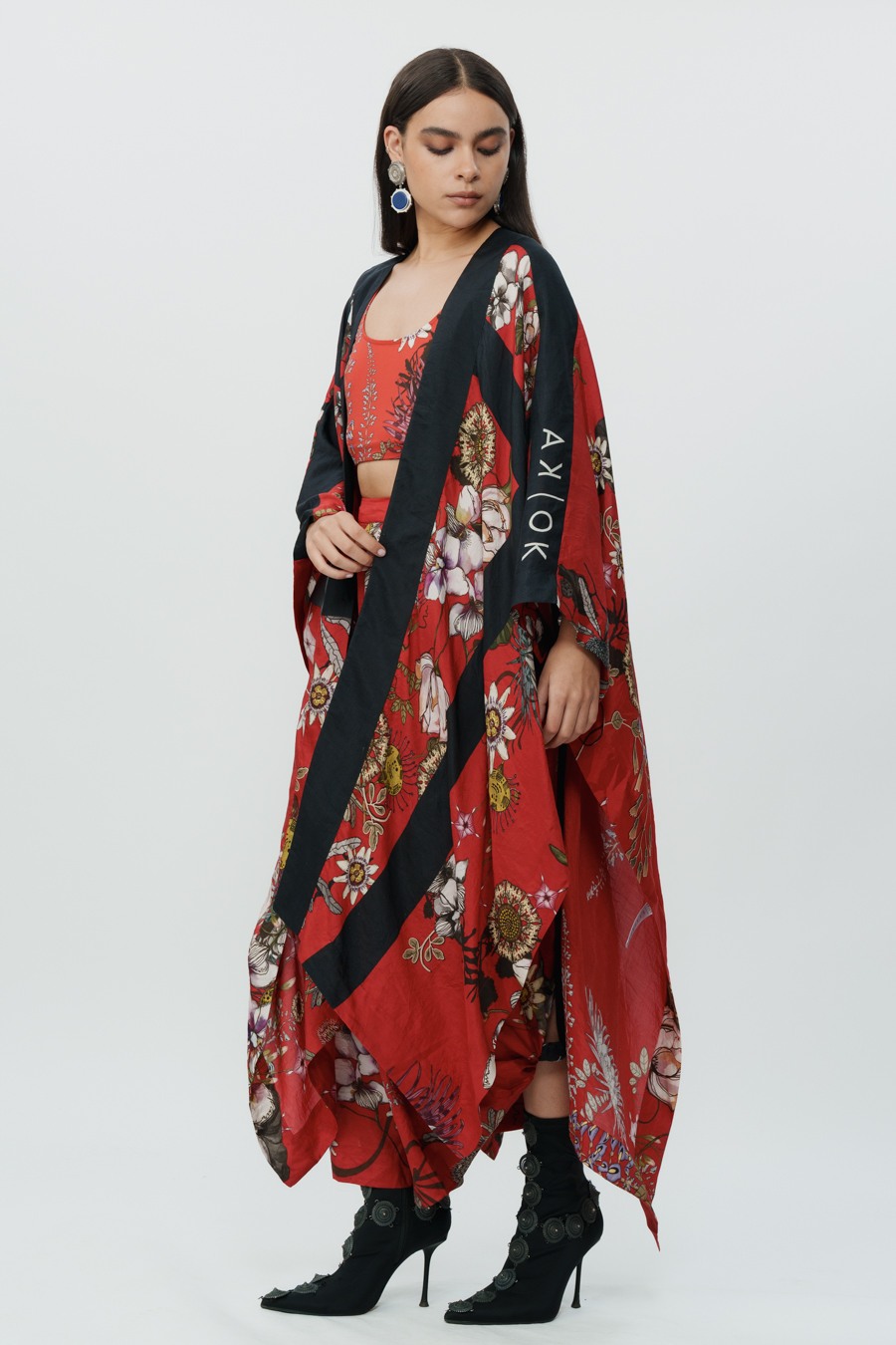 Red Floral Long Cape With Crop Top & Lungi Skirt