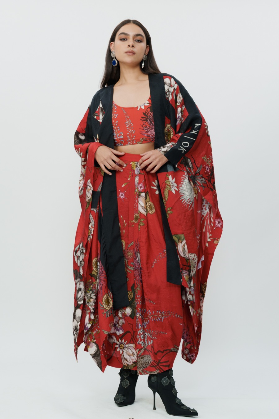 Red Floral Long Cape With Crop Top & Lungi Skirt