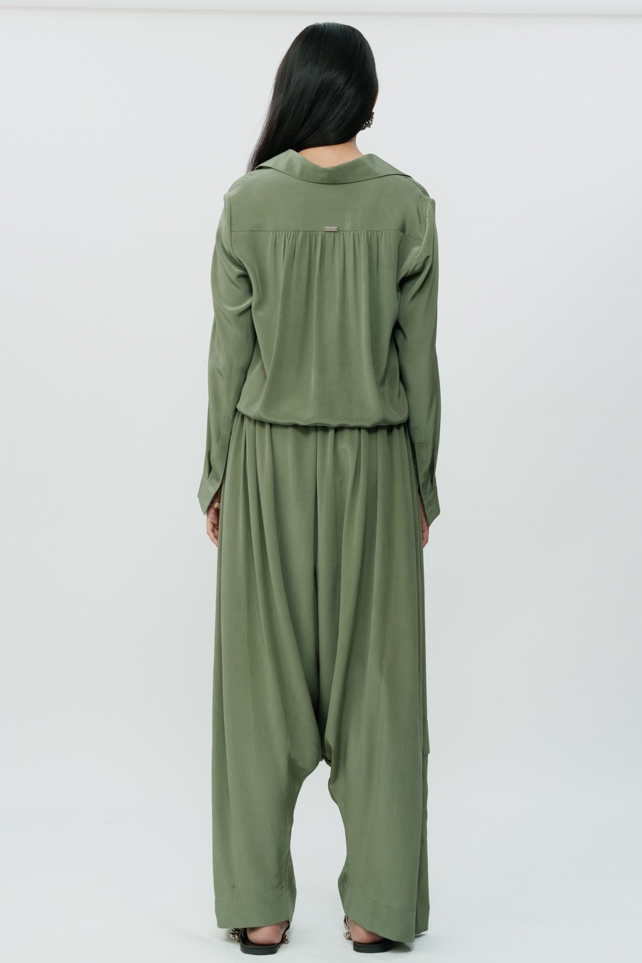 Dark Olive Knotted Shirt with Low Crotch Pants