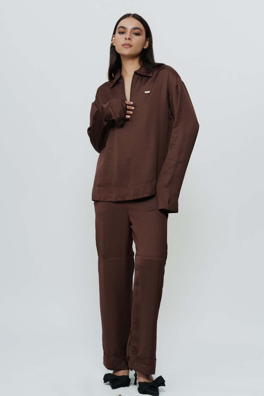 Dark Brown Silk Shirt & Trouser with AKOK Highlight