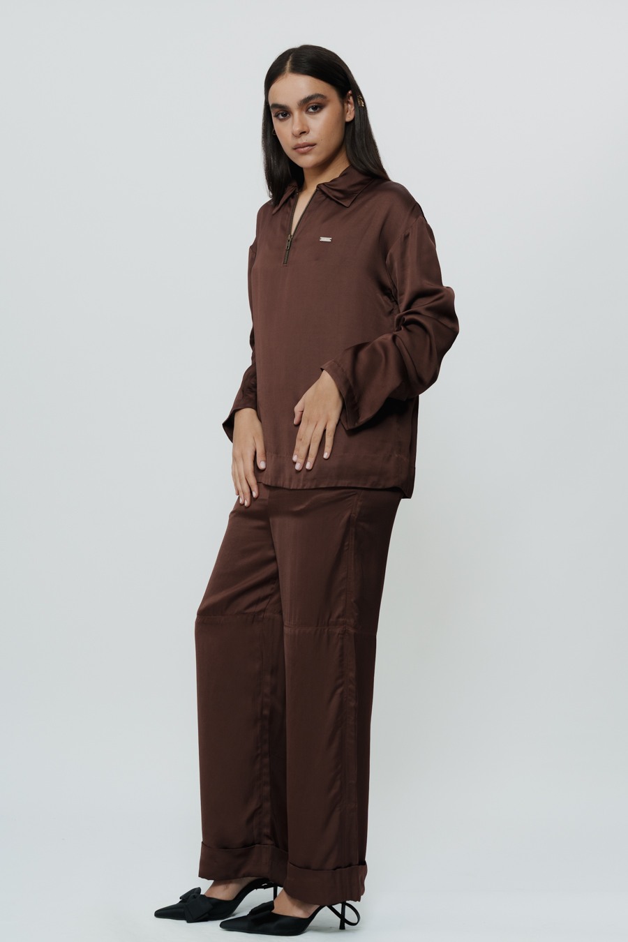 Dark Brown Silk Shirt & Trouser with AKOK Highlight