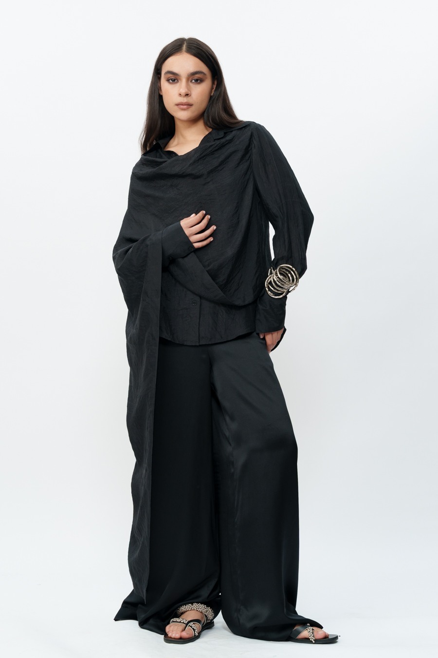 Black Draped Shirt with Flared Trouser