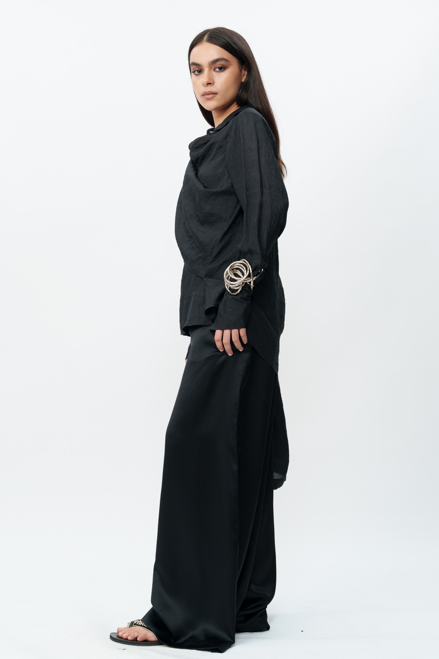 Black Draped Shirt with Flared Trouser