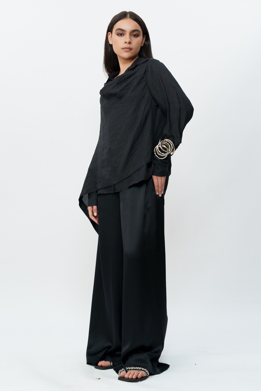 Black Draped Shirt with Flared Trouser