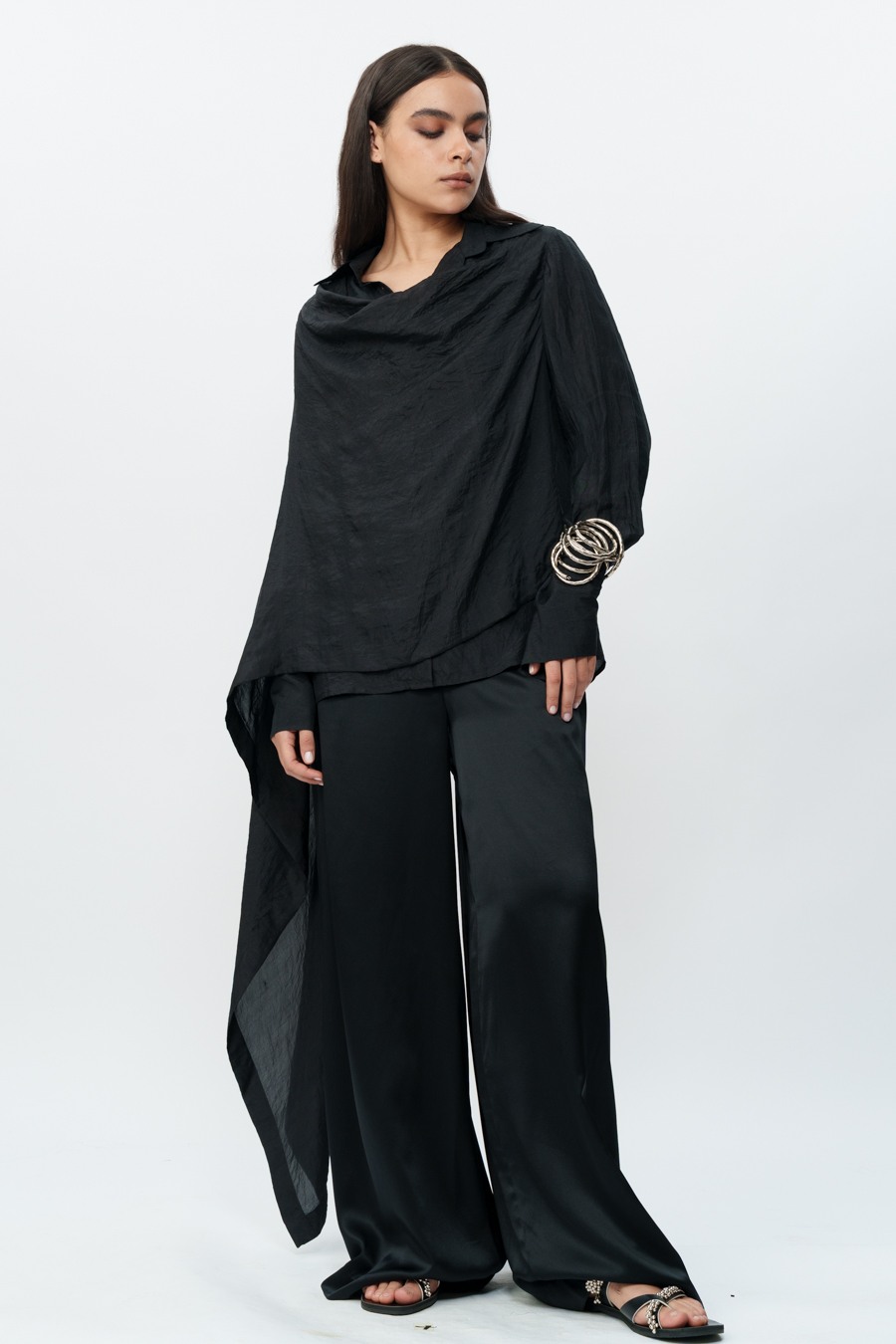 Black Draped Shirt with Flared Trouser