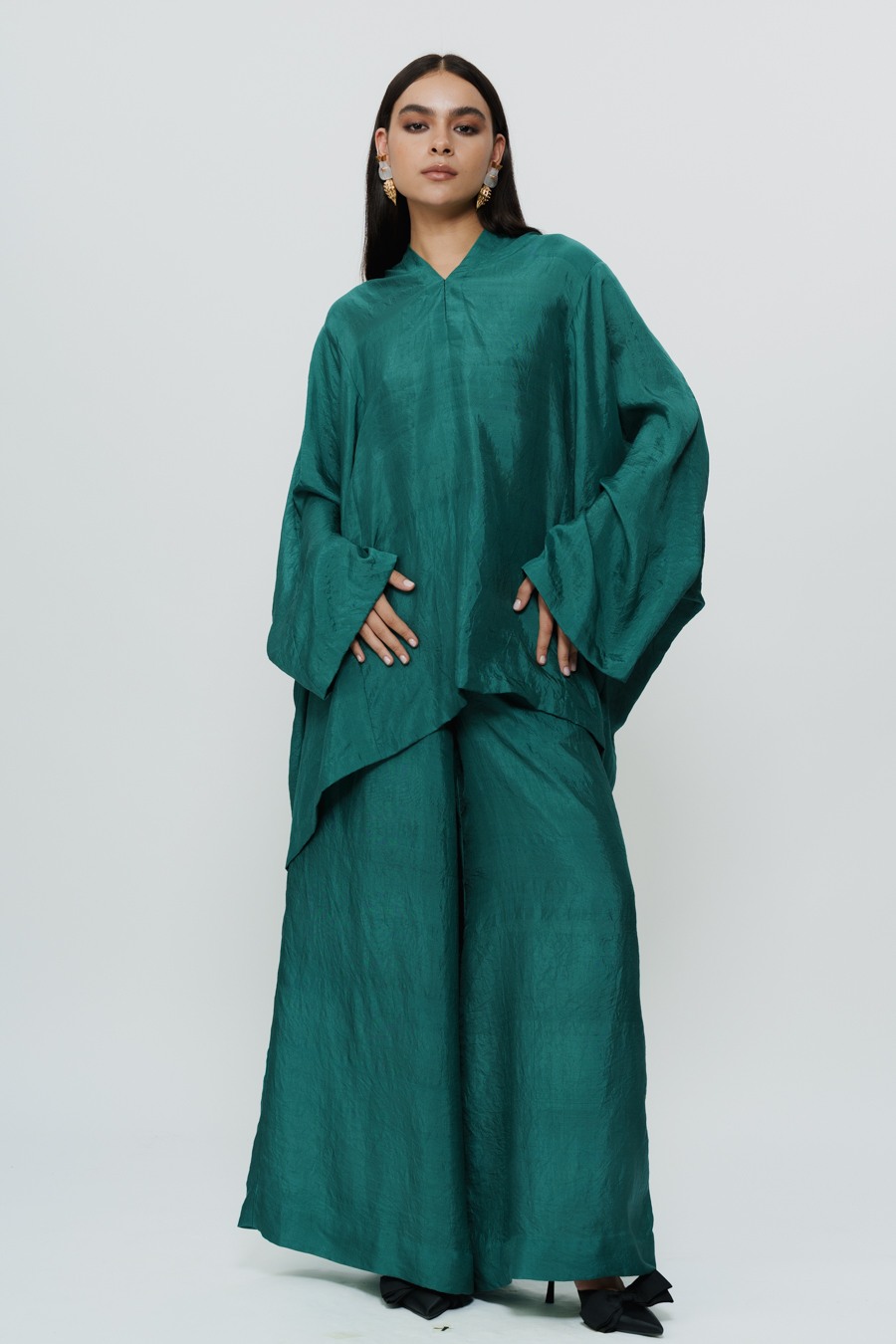 Greenish Blue Kaftan Kurta with Broad Pants