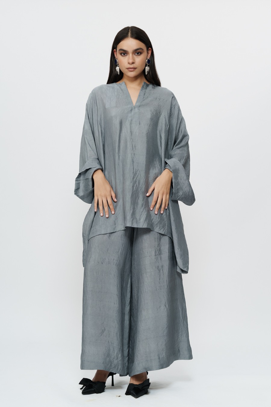 Grey Kaftan Kurta with Broad Pants