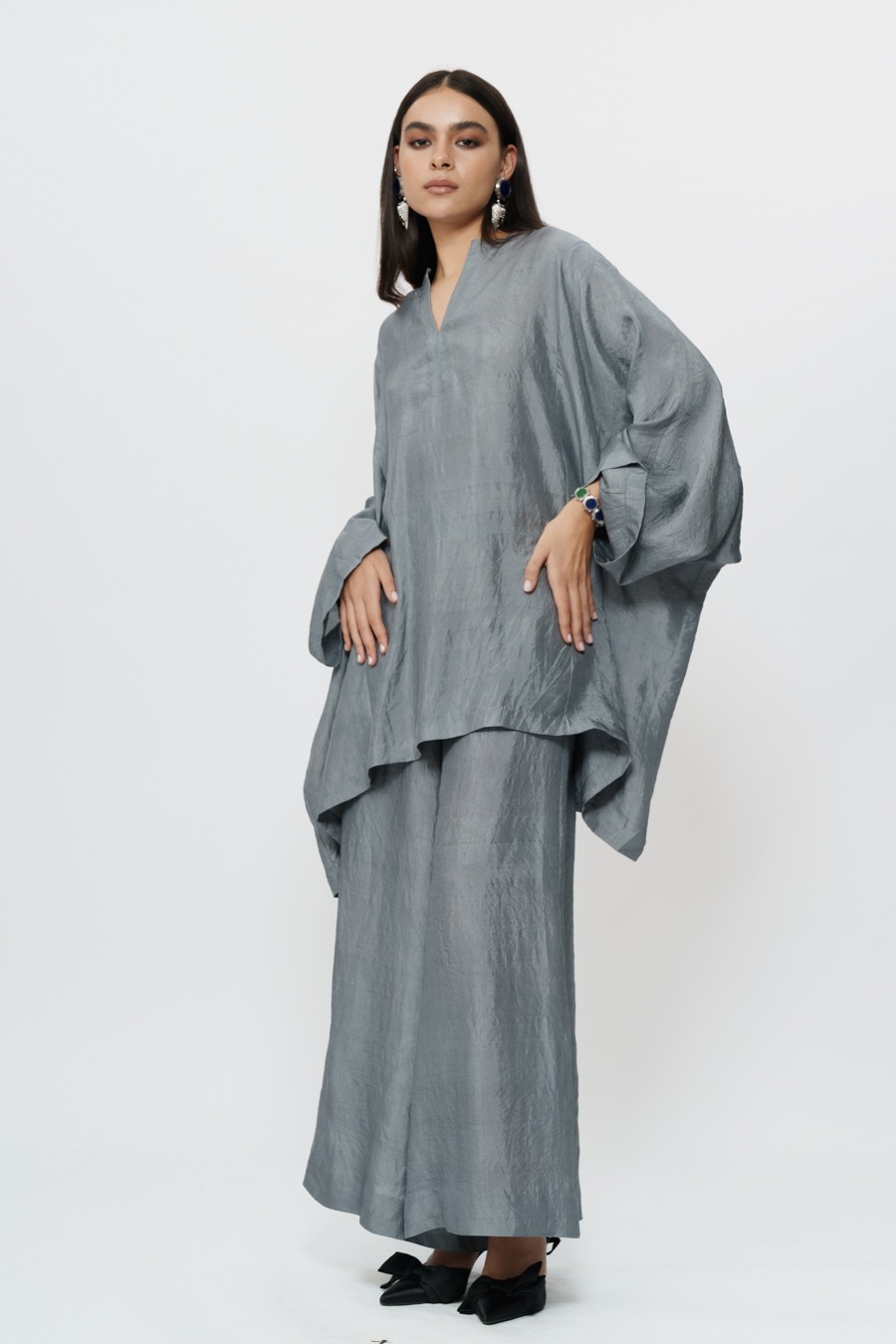 Grey Kaftan Kurta with Broad Pants