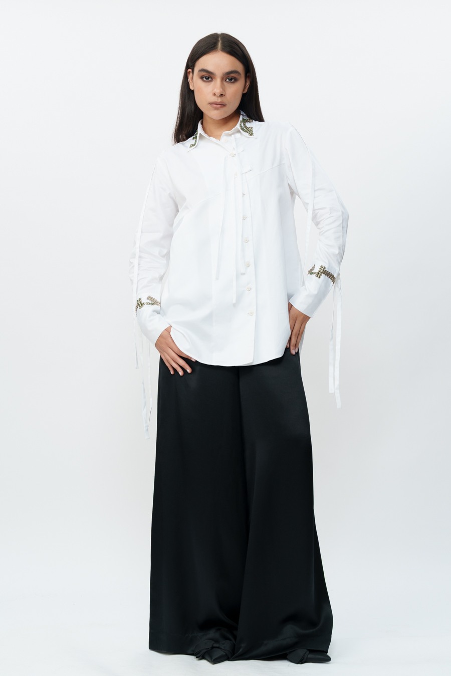 White Shirt with Hand Embroidered Cuff & Collar