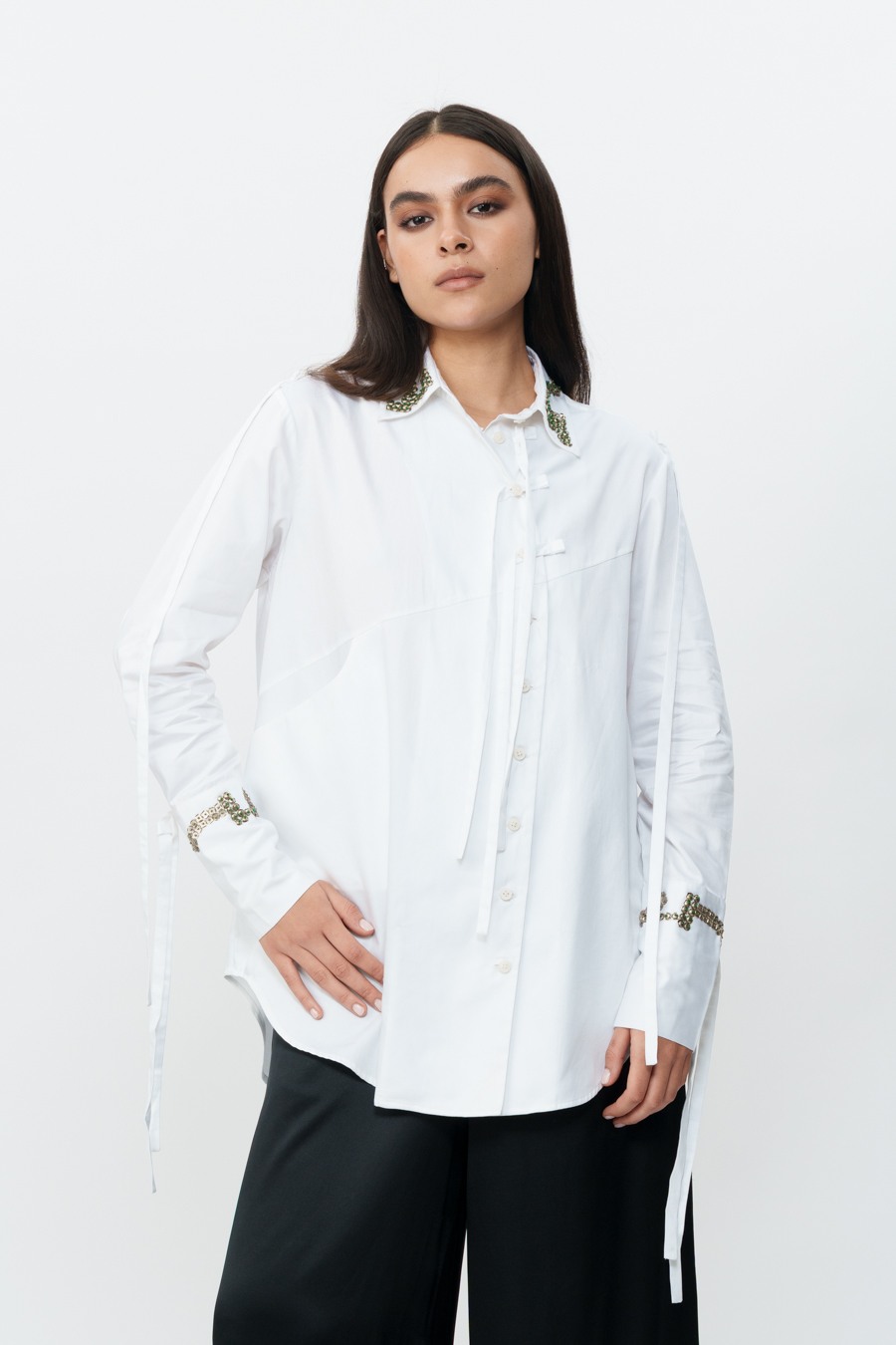 White Shirt with Hand Embroidered Cuff & Collar