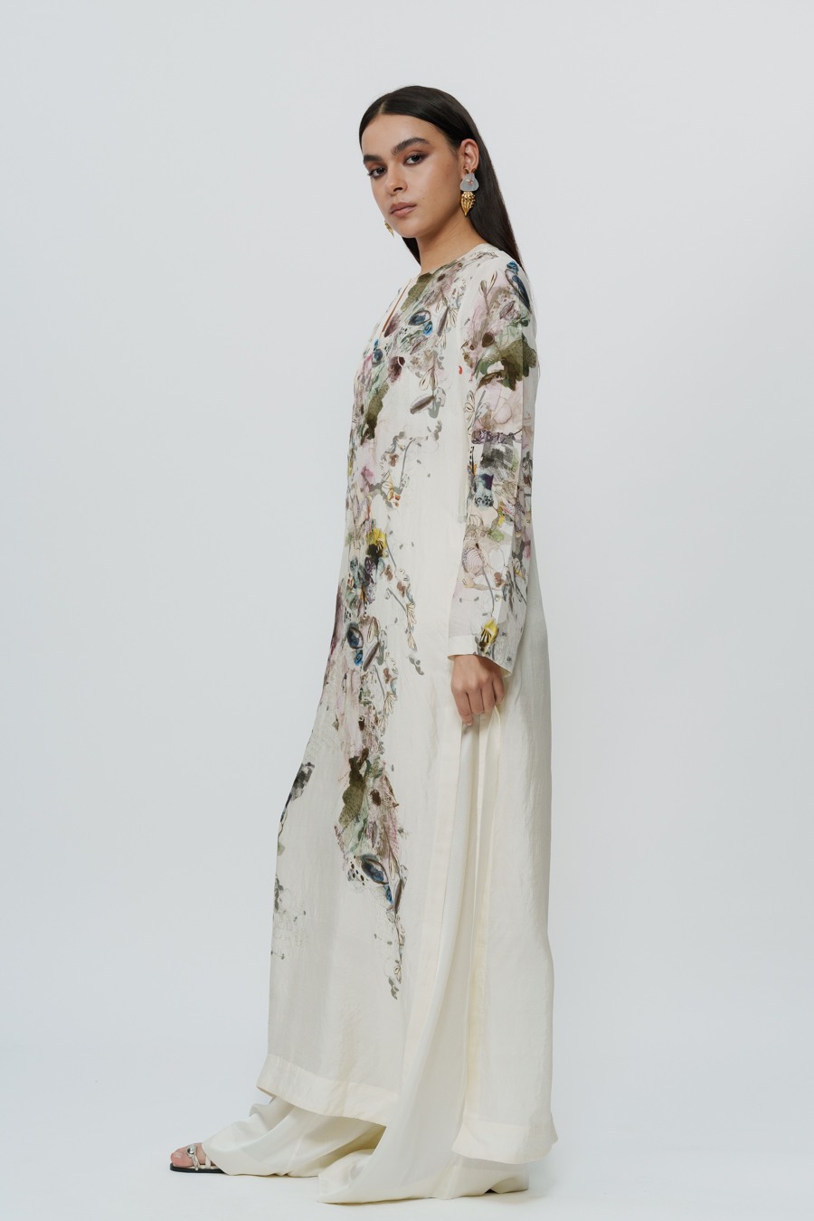 Abstract Print Kaftan Dress with Crop Top & Trouser