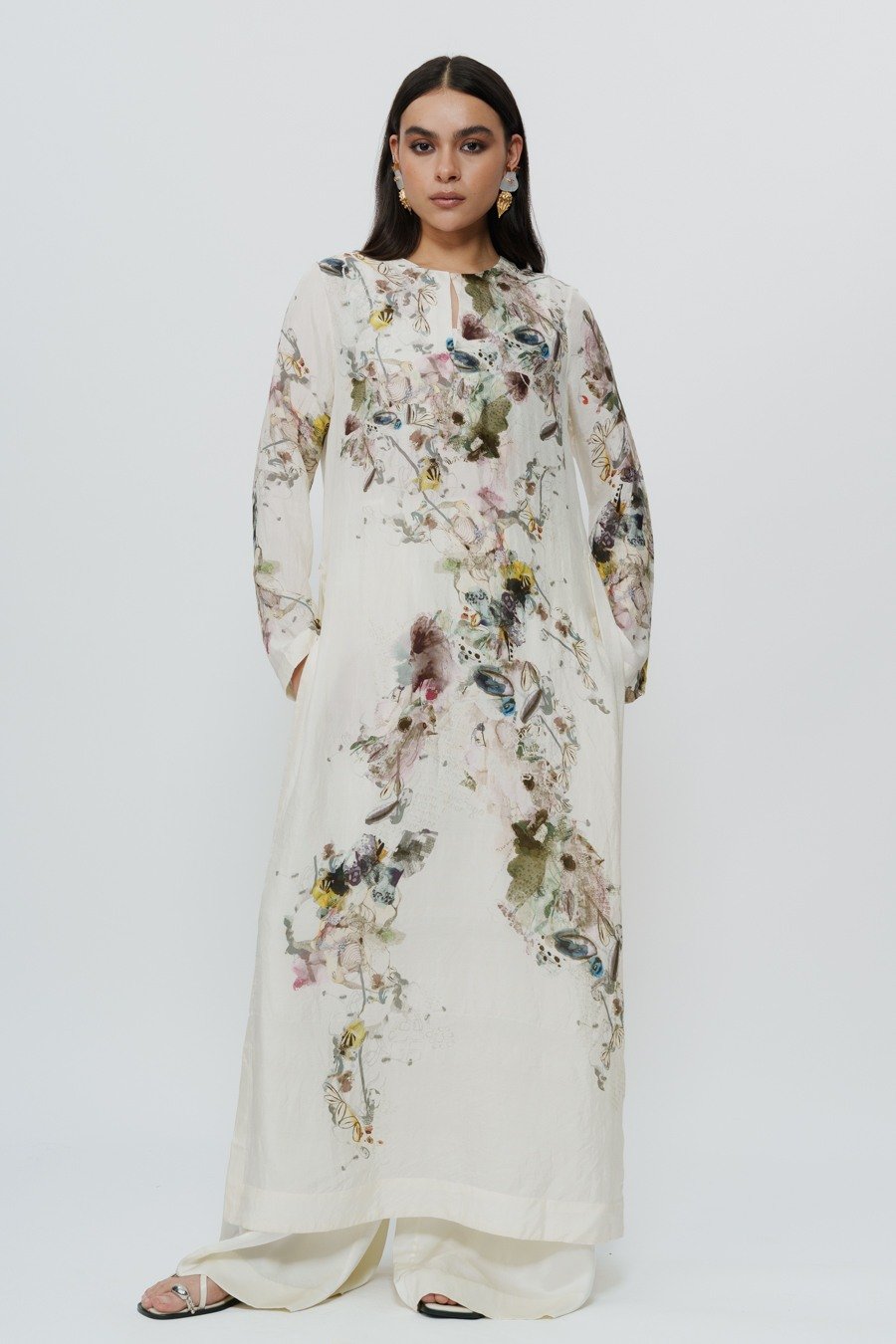 Abstract Print Kaftan Dress with Crop Top & Trouser